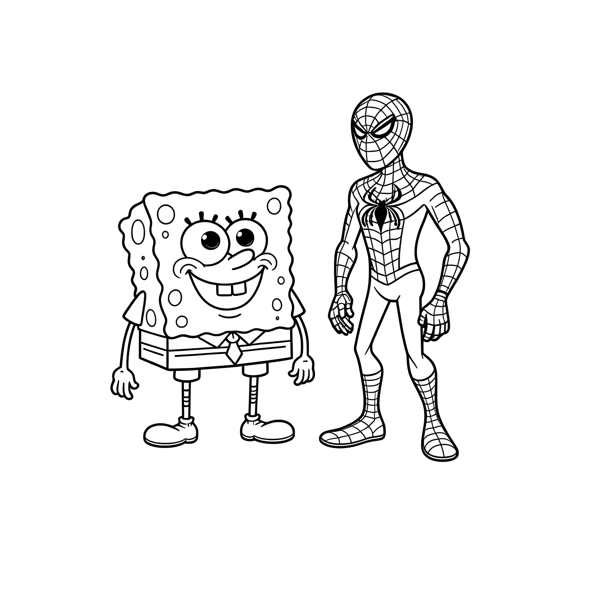 Spongebob and Spiderman in cartoon-style outfits Coloring Page (free black-and-white line drawing printable PDF for all, from beginners to advanced learners, including children, teens, adults, and seniors)