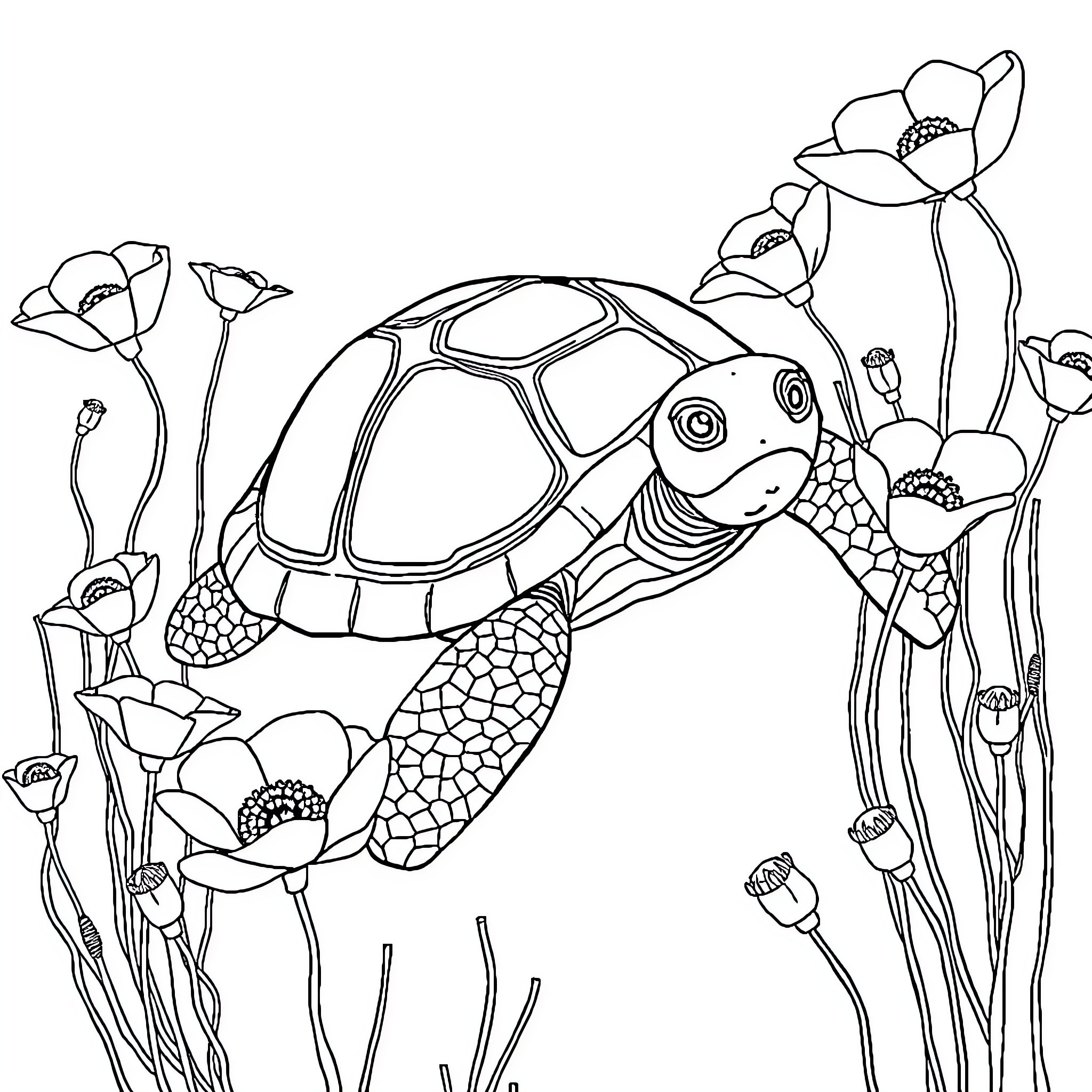Turtle exploring a floral garden Coloring Page (free black-and-white line drawing printable PDF for all, from beginners to advanced learners, including children, teens, adults, and seniors)