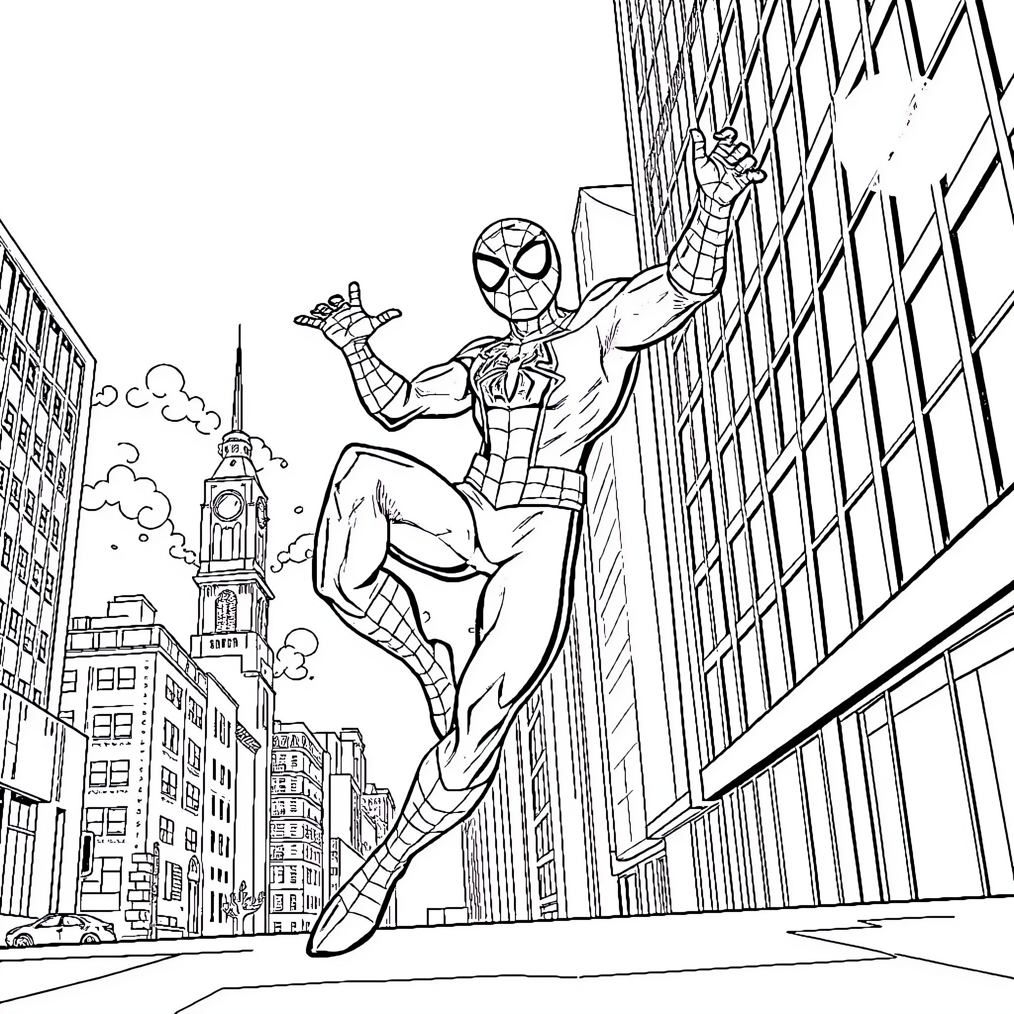 Spider-Man swinging through the city on a mission Coloring Page (free black-and-white line drawing printable PDF for all, from beginners to advanced learners, including children, teens, adults, and seniors)