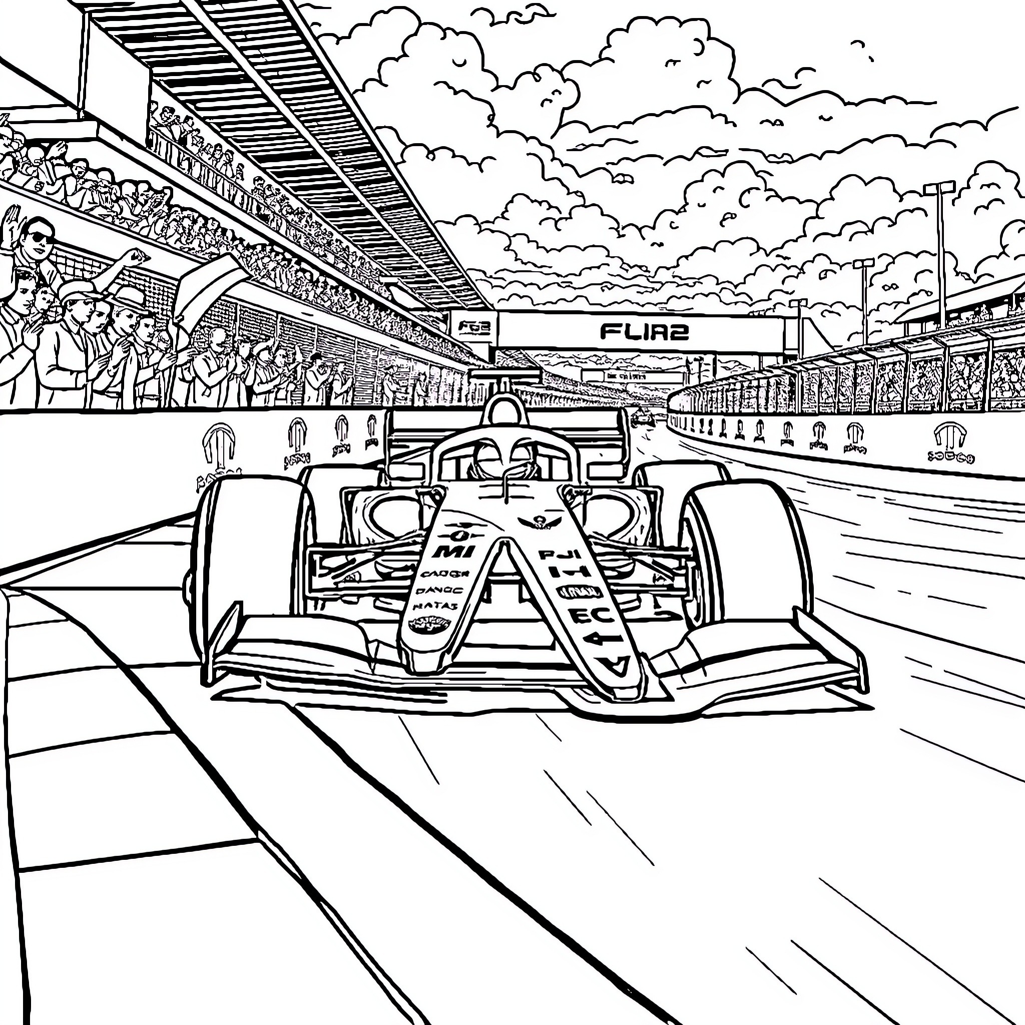 Formula 1 Race at Packed Stadium Coloring Page (free black-and-white line drawing printable PDF for all, from beginners to advanced learners, including children, teens, adults, and seniors)