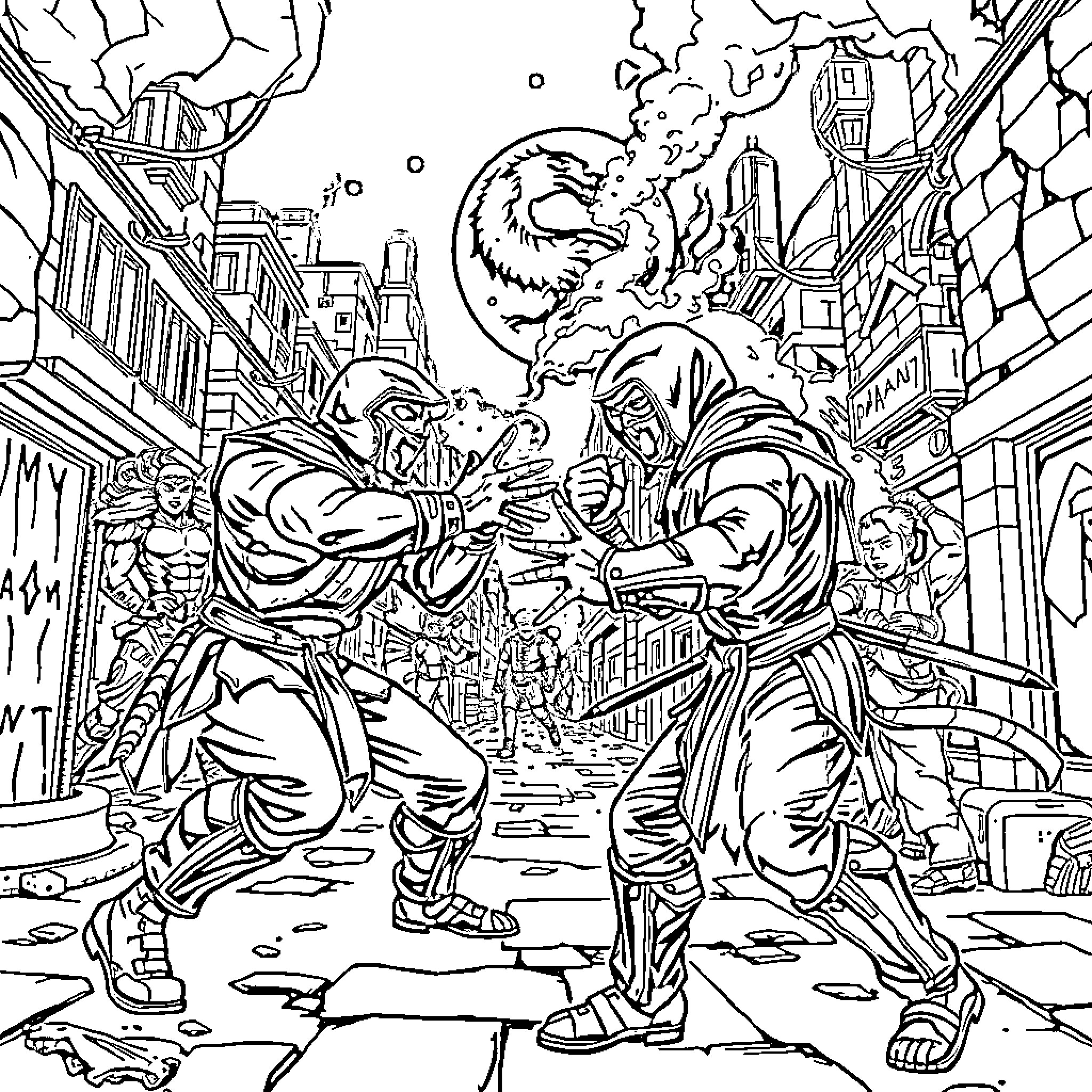 Mortal Kombat Intense Battle in the City Streets Coloring Page (free black-and-white line drawing printable PDF for all, from beginners to advanced learners, including children, teens, adults, and seniors)