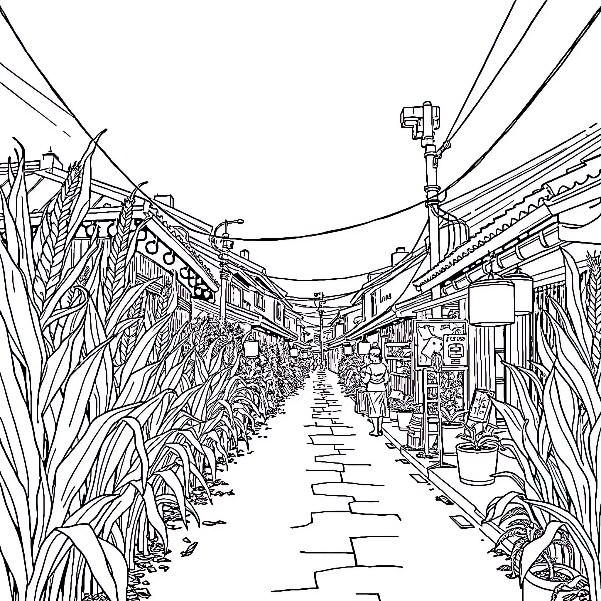 Street Scene of Crowded Market with Stalls and Pedestrians Coloring Page (free black-and-white line drawing printable PDF for all, from beginners to advanced learners, including children, teens, adults, and seniors)