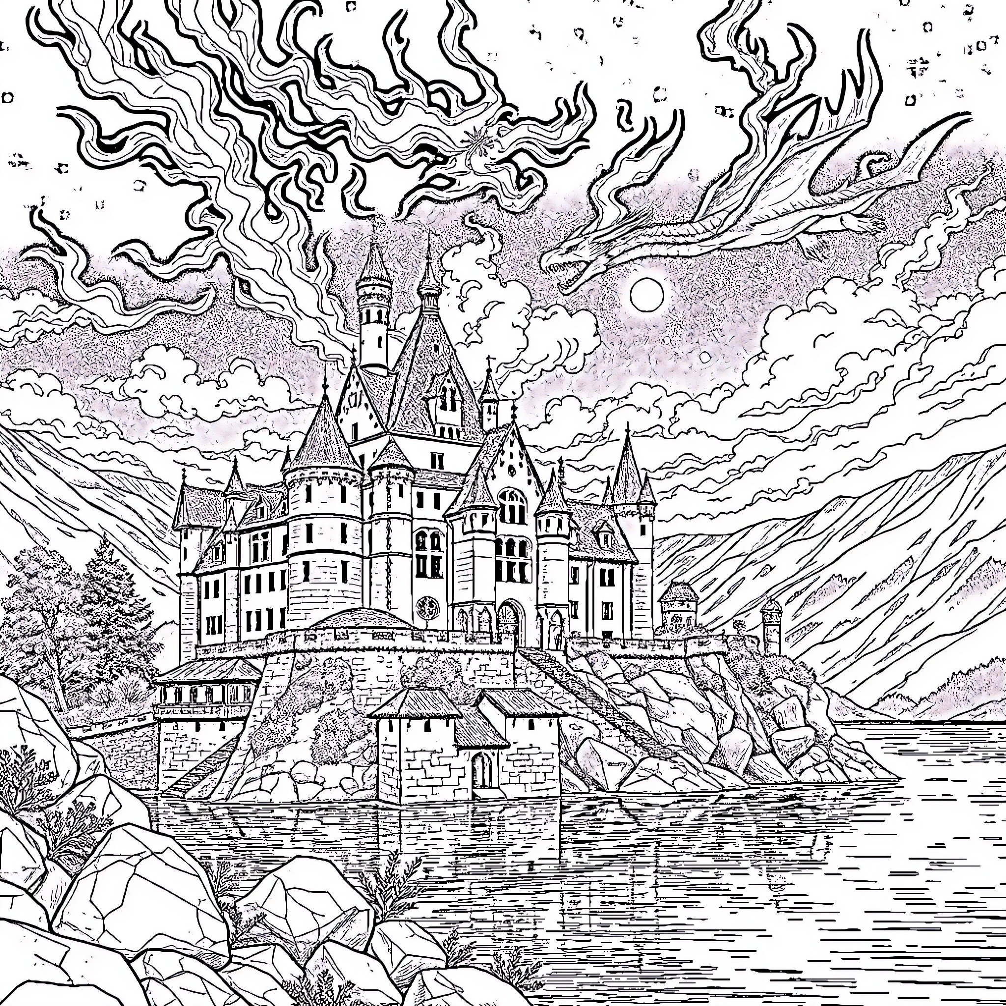 Château Overlooking Serene Lake with Dramatic Skies Coloring Page (free black-and-white line drawing printable PDF for all, from beginners to advanced learners, including children, teens, adults, and seniors)