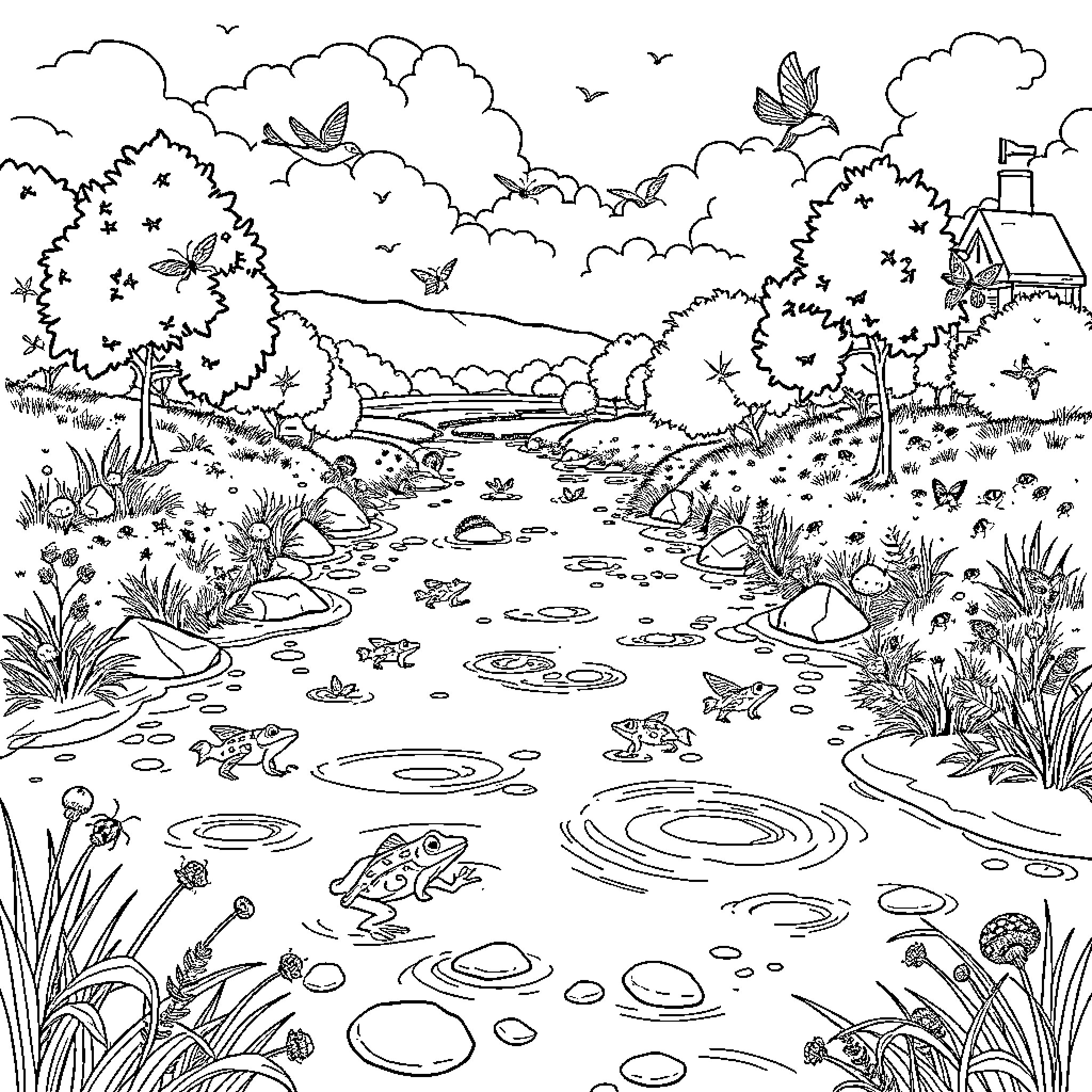 River flowing through serene countryside landscape Coloring Page (free black-and-white line drawing printable PDF for all, from beginners to advanced learners, including children, teens, adults, and seniors)