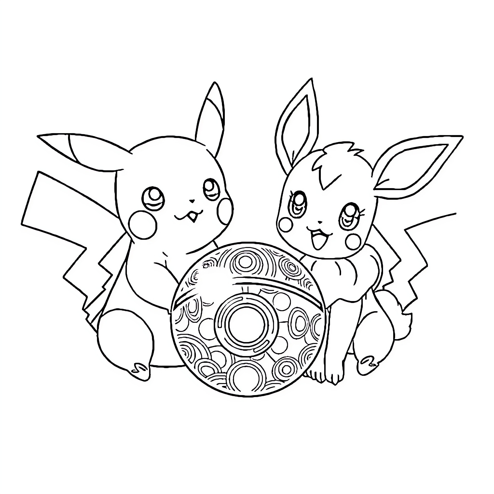 Pikachu and Eevee playing with decorative ball Coloring Page (free black-and-white line drawing printable PDF for all, from beginners to advanced learners, including children, teens, adults, and seniors)