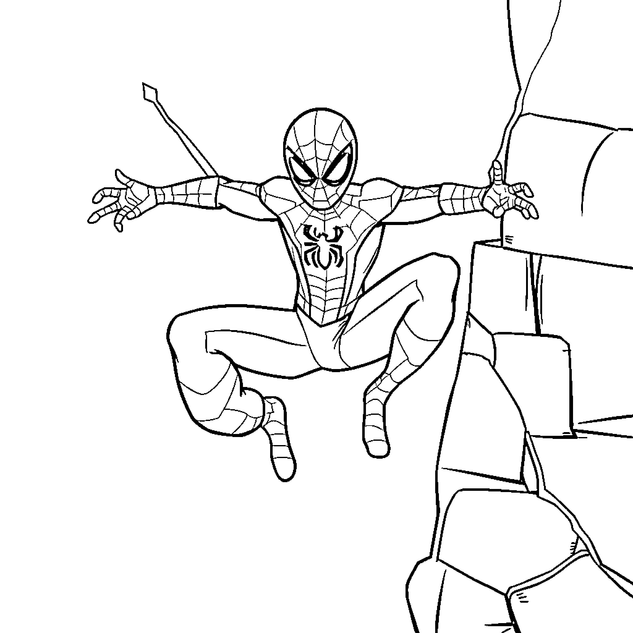 Spiderman swinging through the city Coloring Page (free black-and-white line drawing printable PDF for all, from beginners to advanced learners, including children, teens, adults, and seniors)