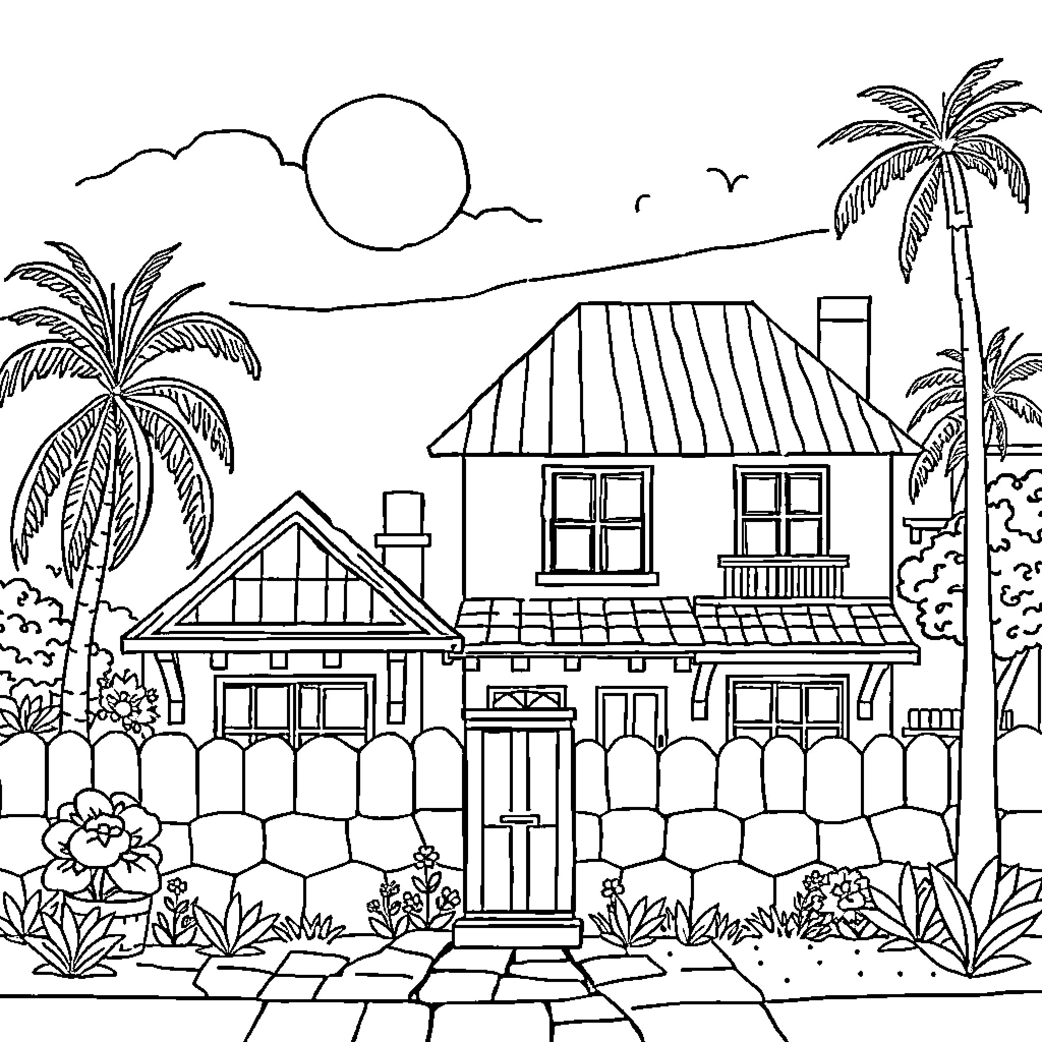 House with Tropical Landscape and Scenic View Coloring Page (free black-and-white line drawing printable PDF for all, from beginners to advanced learners, including children, teens, adults, and seniors)