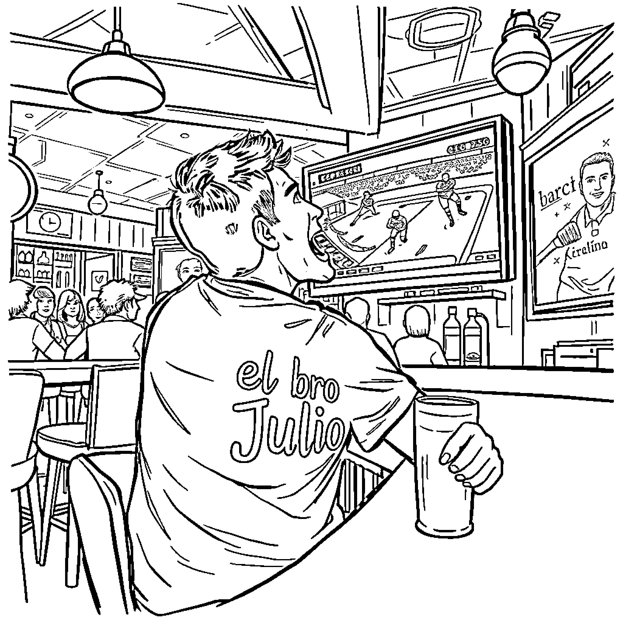 Guy enjoying himself at a lively bar scene Coloring Page (free black-and-white line drawing printable PDF for all, from beginners to advanced learners, including children, teens, adults, and seniors)