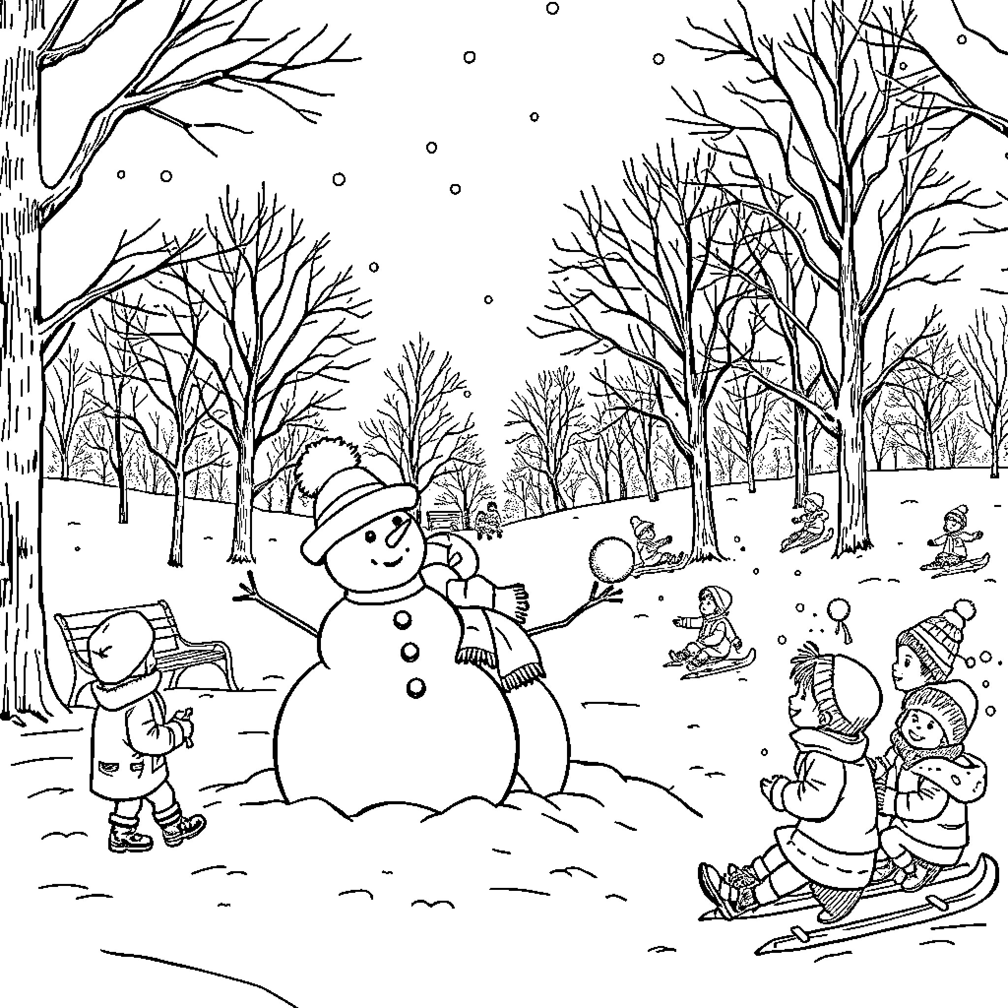 Child Playing in Winter Wonderland with Snowman Coloring Page (free black-and-white line drawing printable PDF for all, from beginners to advanced learners, including children, teens, adults, and seniors)