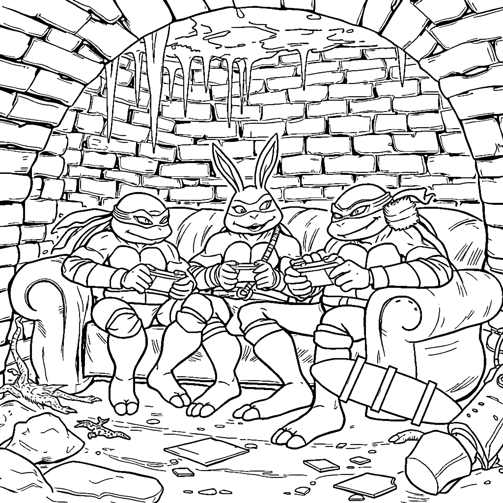 Ninja Turtles relaxing in a cozy hideout Coloring Page (free black-and-white line drawing printable PDF for all, from beginners to advanced learners, including children, teens, adults, and seniors)