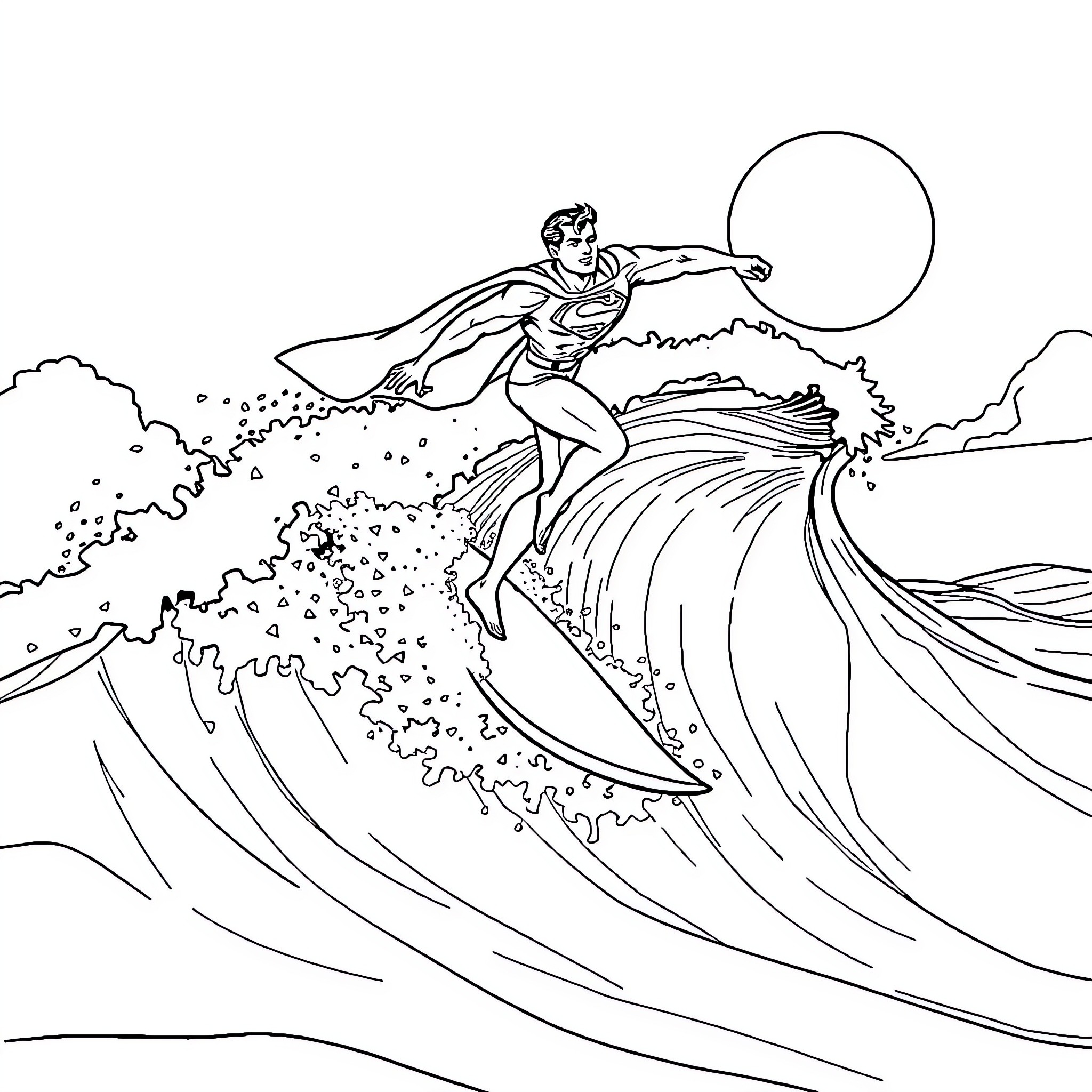 Superman surfing over powerful waves Coloring Page (free black-and-white line drawing printable PDF for all, from beginners to advanced learners, including children, teens, adults, and seniors)