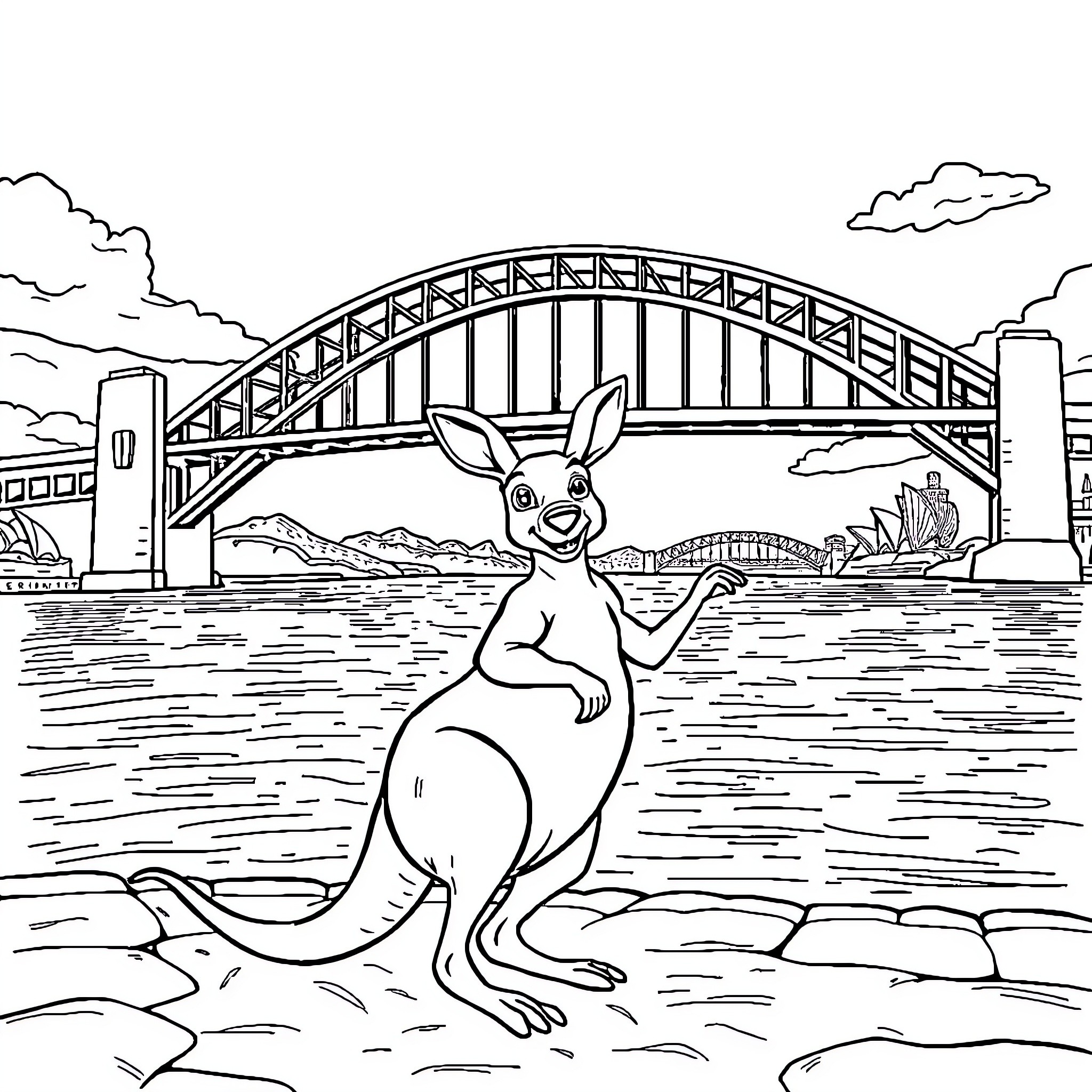Kangaroo posing near iconic Sydney Harbour Bridge Coloring Page (free black-and-white line drawing printable PDF for all, from beginners to advanced learners, including children, teens, adults, and seniors)