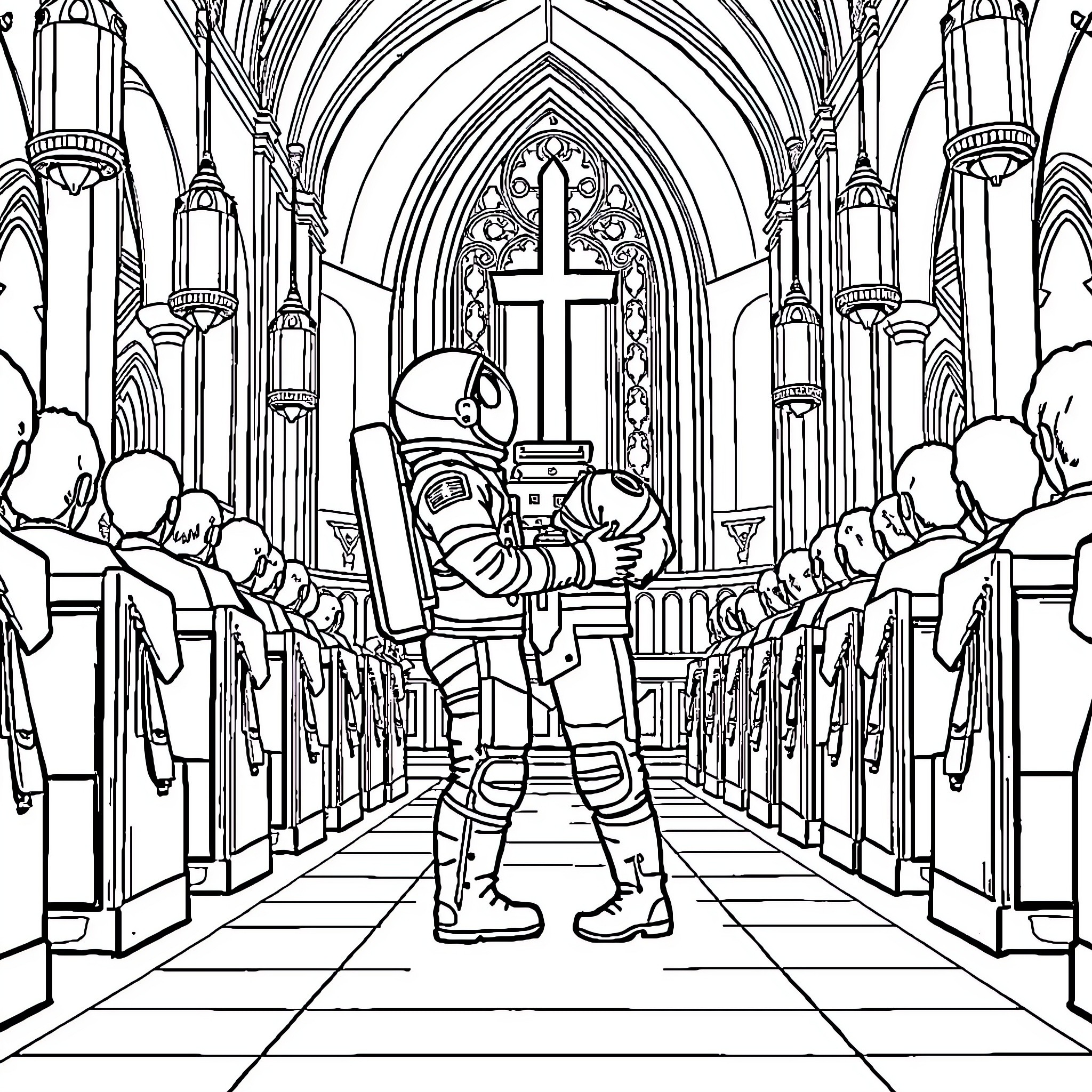 Astronaut praying in a grand cathedral Coloring Page (free black-and-white line drawing printable PDF for all, from beginners to advanced learners, including children, teens, adults, and seniors)