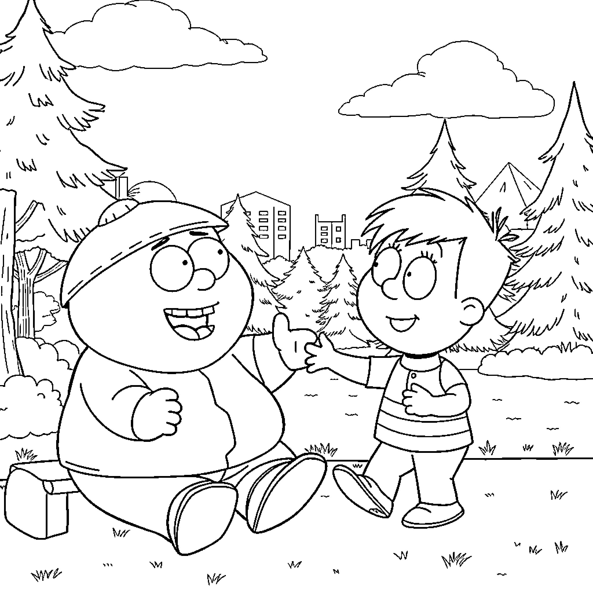 Cartman and his friend explore the great outdoors Coloring Page (free black-and-white line drawing printable PDF for all, from beginners to advanced learners, including children, teens, adults, and seniors)