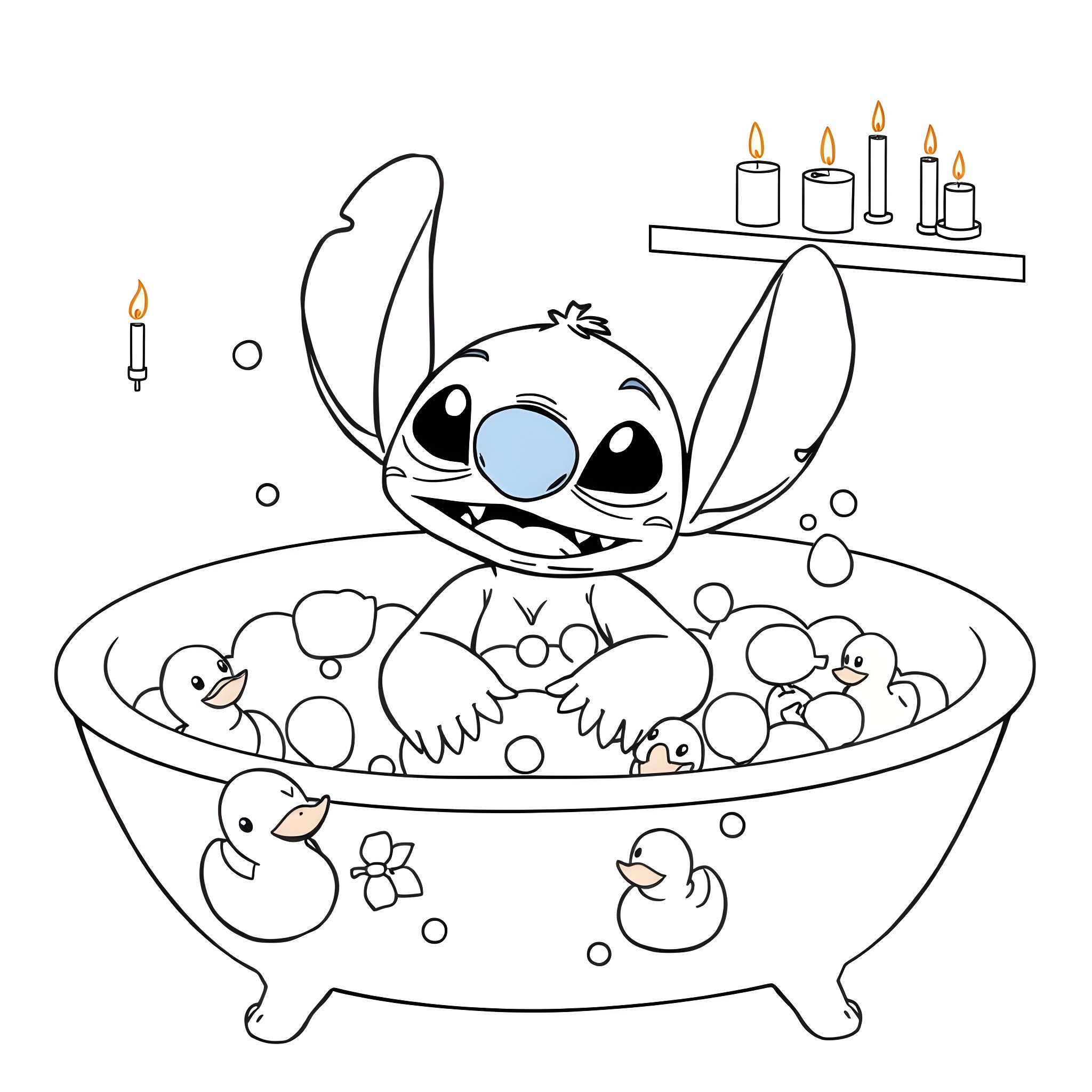 Stitch enjoying a relaxing bubble bath with toys Coloring Page (free black-and-white line drawing printable PDF for all, from beginners to advanced learners, including children, teens, adults, and seniors)
