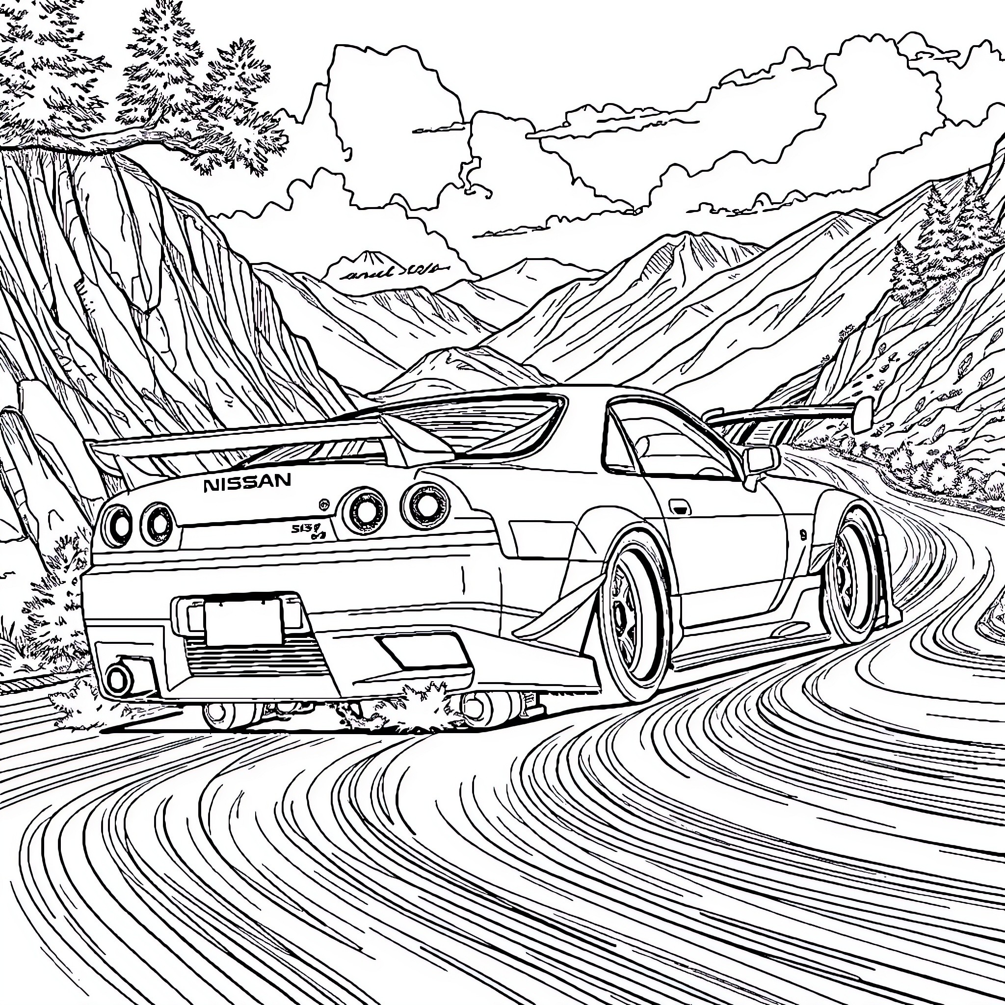 Nissan Silvia drifting through winding mountain roads Coloring Page (free black-and-white line drawing printable PDF for all, from beginners to advanced learners, including children, teens, adults, and seniors)