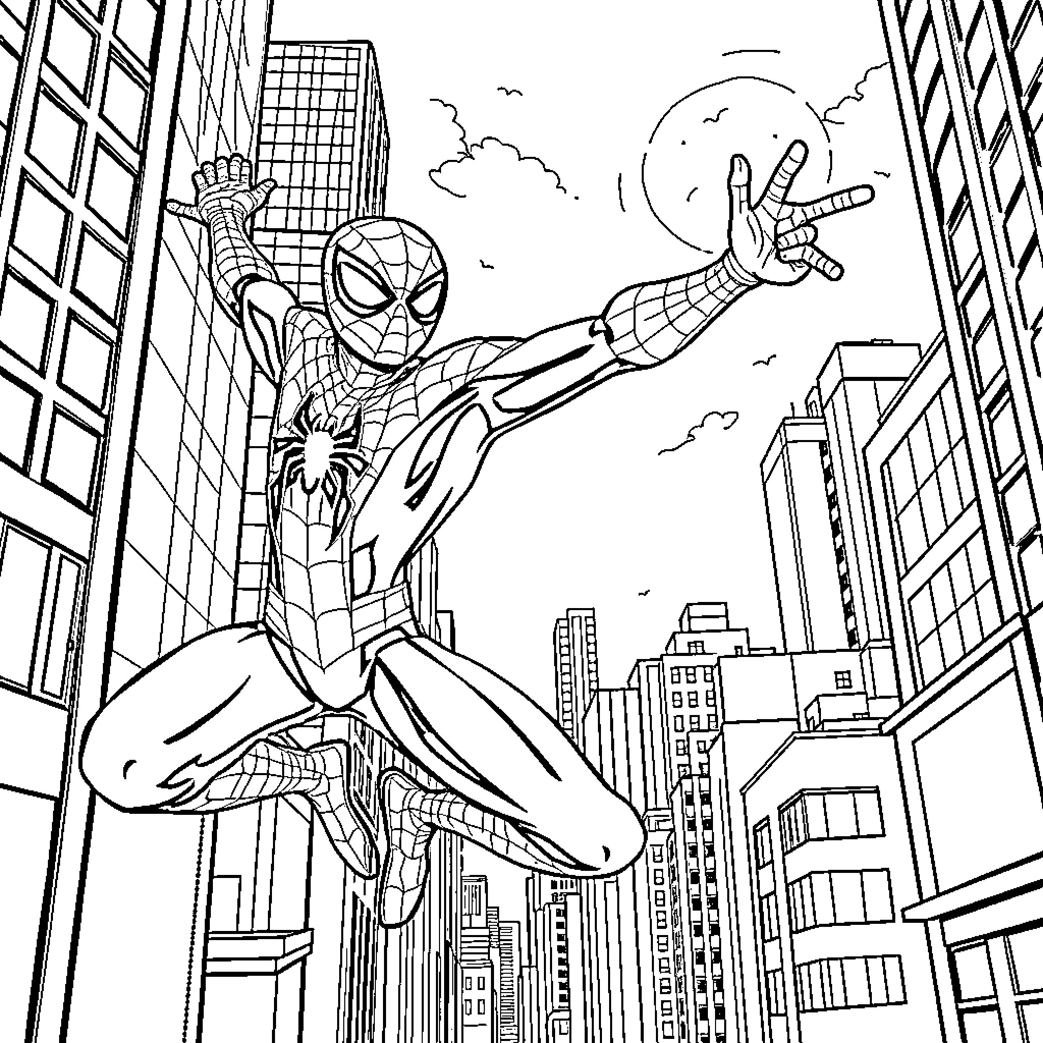 Spiderman swinging through the city skyline Coloring Page (free black-and-white line drawing printable PDF for all, from beginners to advanced learners, including children, teens, adults, and seniors)