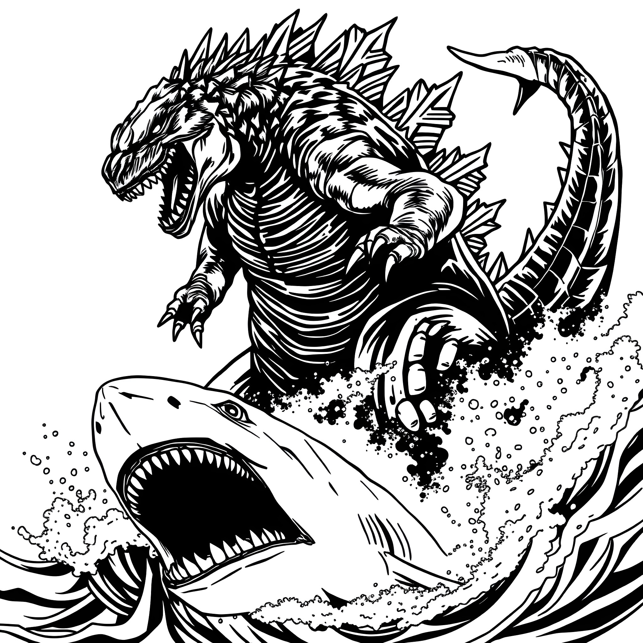 Godzilla battling a ferocious shark in the ocean Coloring Page (free black-and-white line drawing printable PDF for all, from beginners to advanced learners, including children, teens, adults, and seniors)