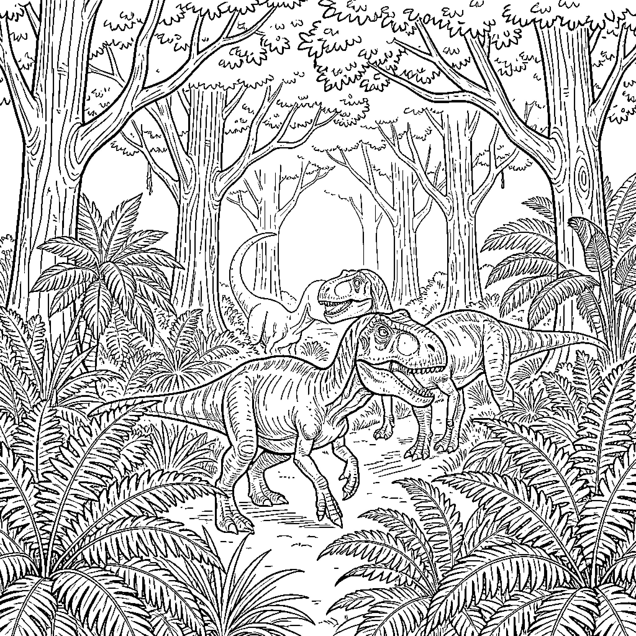 Dinosaurs roaming in the prehistoric jungle Coloring Page (free black-and-white line drawing printable PDF for all, from beginners to advanced learners, including children, teens, adults, and seniors)