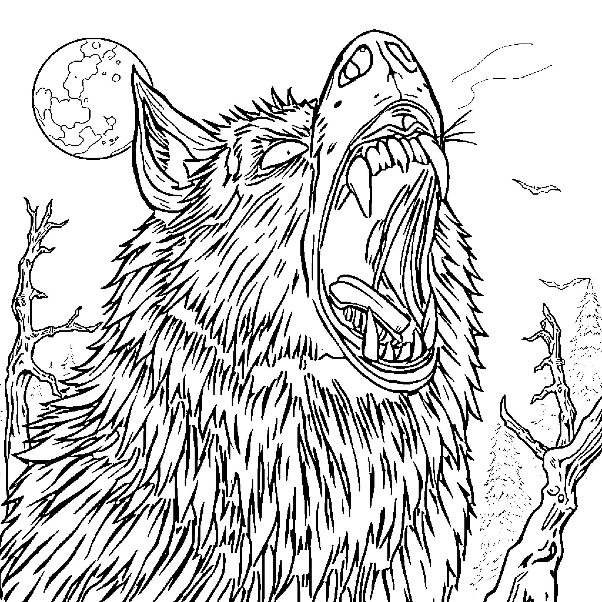 Werewolf howling at the Moon with spooky forest backdrop Coloring Page (free black-and-white line drawing printable PDF for all, from beginners to advanced learners, including children, teens, adults, and seniors)