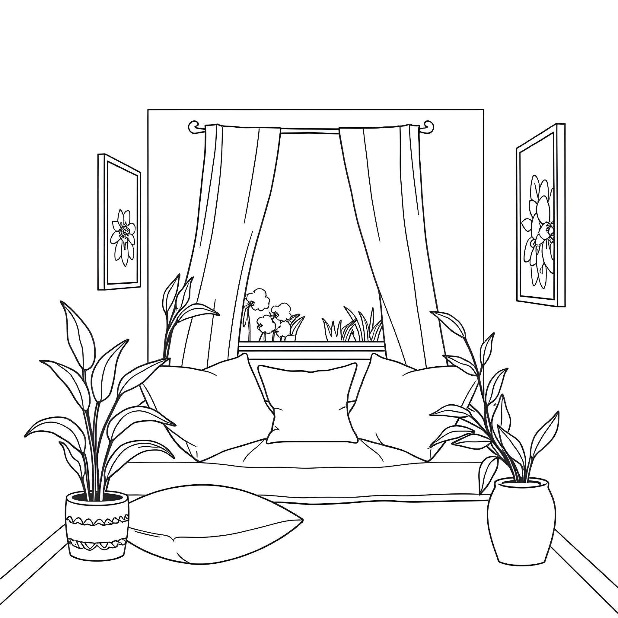Anxiety in a Cozy Bedroom Haven Coloring Page (free black-and-white line drawing printable PDF for all, from beginners to advanced learners, including children, teens, adults, and seniors)