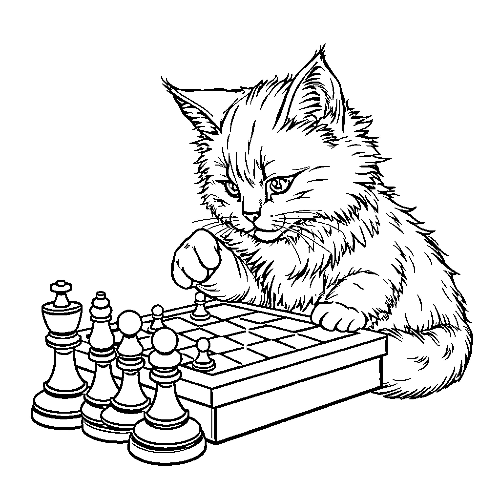 Cat playing chess with intense focus Coloring Page (free black-and-white line drawing printable PDF for all, from beginners to advanced learners, including children, teens, adults, and seniors)