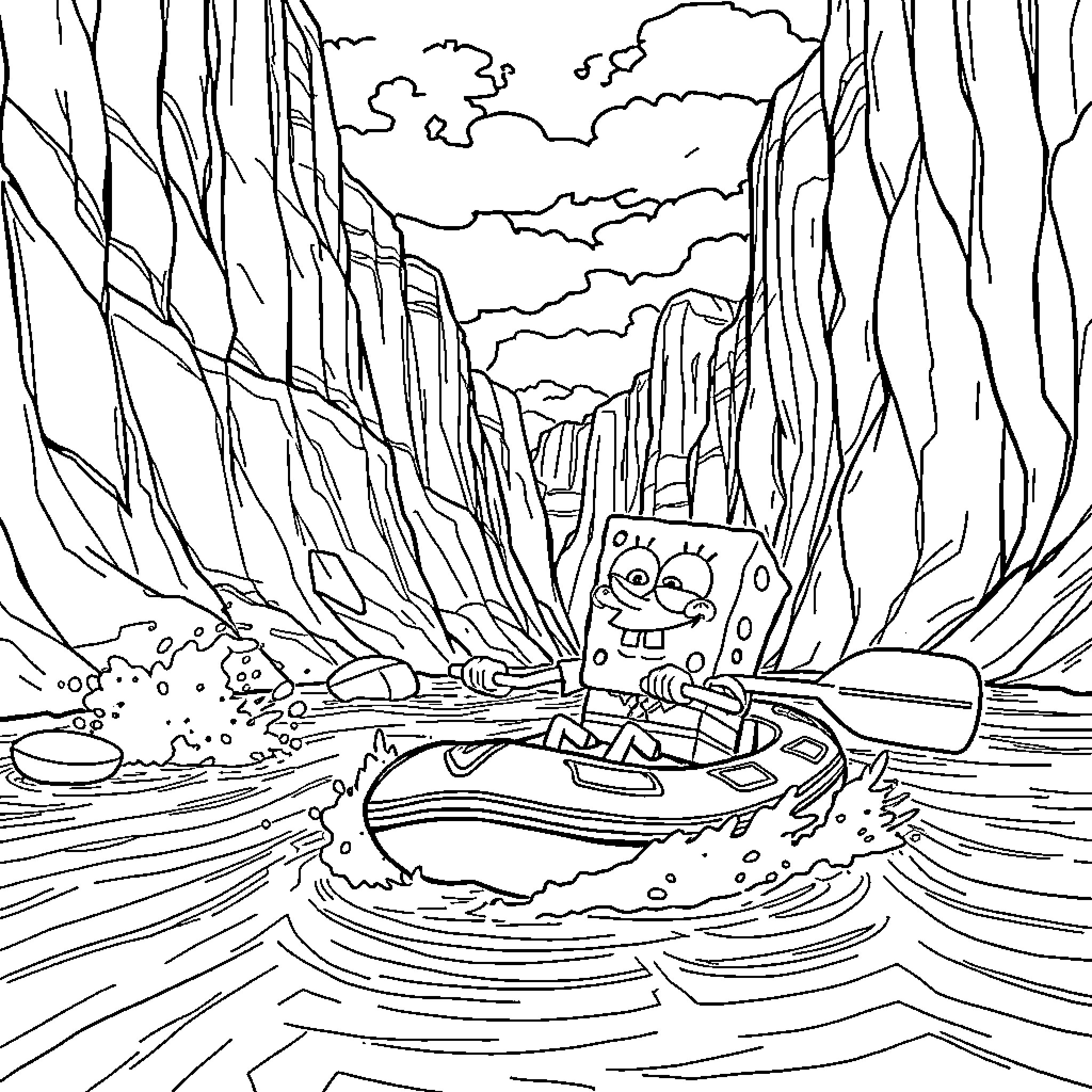 Spongebob in a perilous boat ride through treacherous waters Coloring Page (free black-and-white line drawing printable PDF for all, from beginners to advanced learners, including children, teens, adults, and seniors)