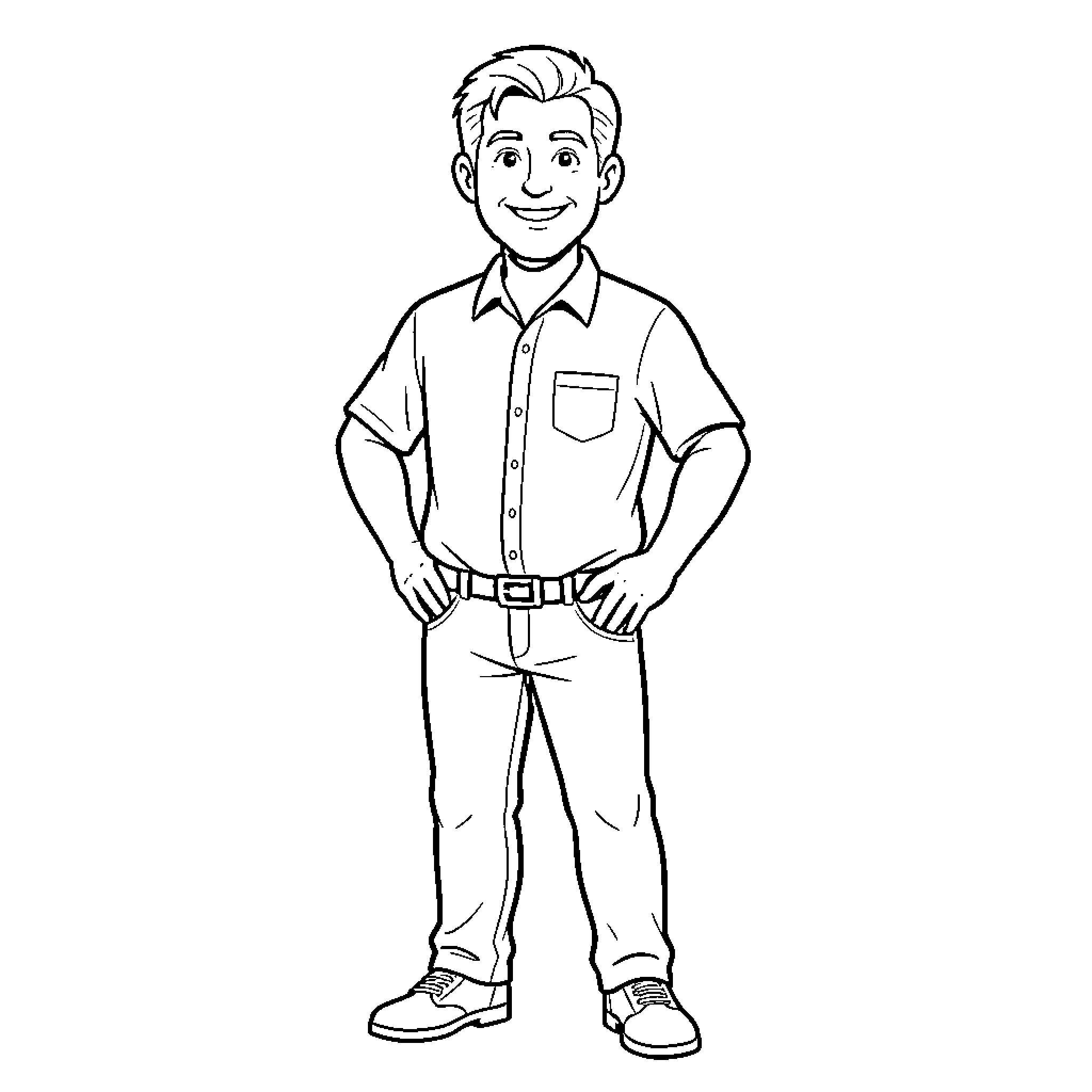 Bob Maley standing confidently in a buttoned shirt Coloring Page (free black-and-white line drawing printable PDF for all, from beginners to advanced learners, including children, teens, adults, and seniors)