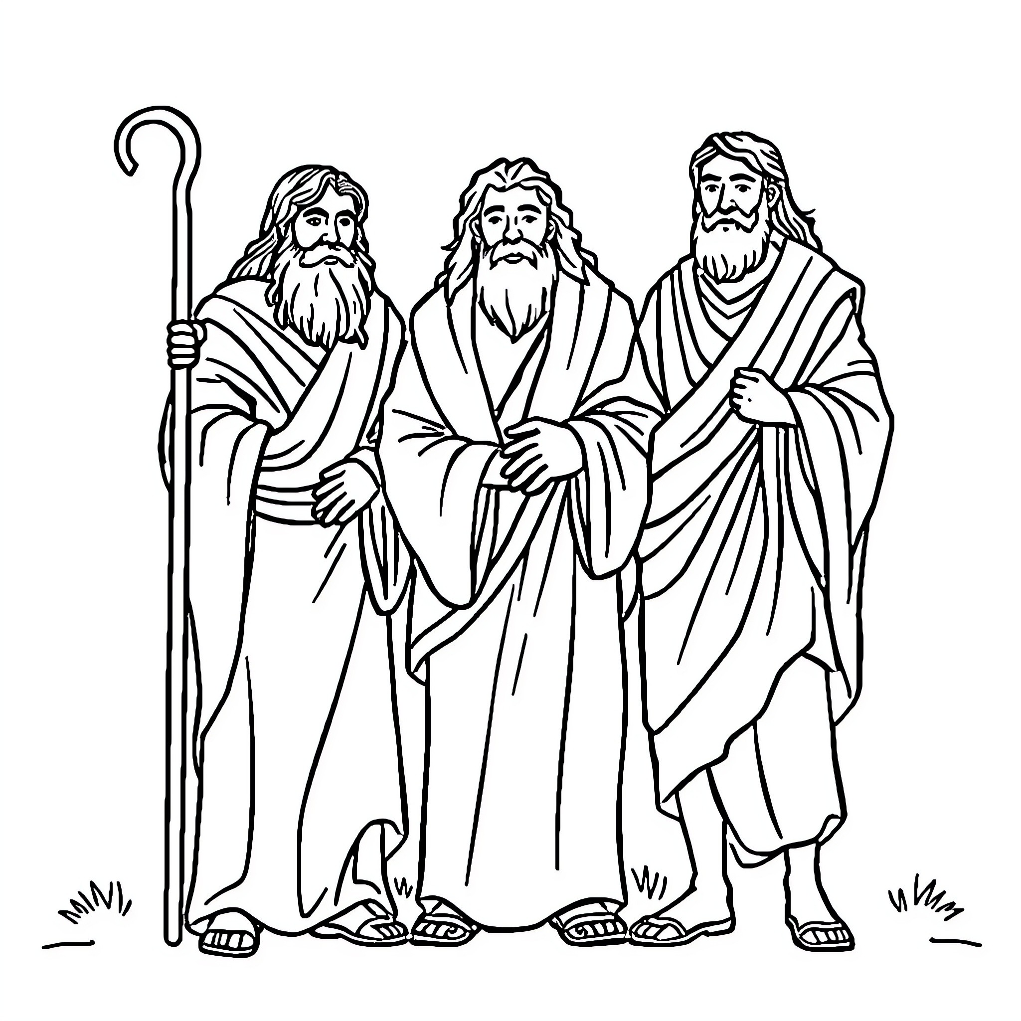 Bible Characters in Thoughtful Poses Coloring Page (free black-and-white line drawing printable PDF for all, from beginners to advanced learners, including children, teens, adults, and seniors)