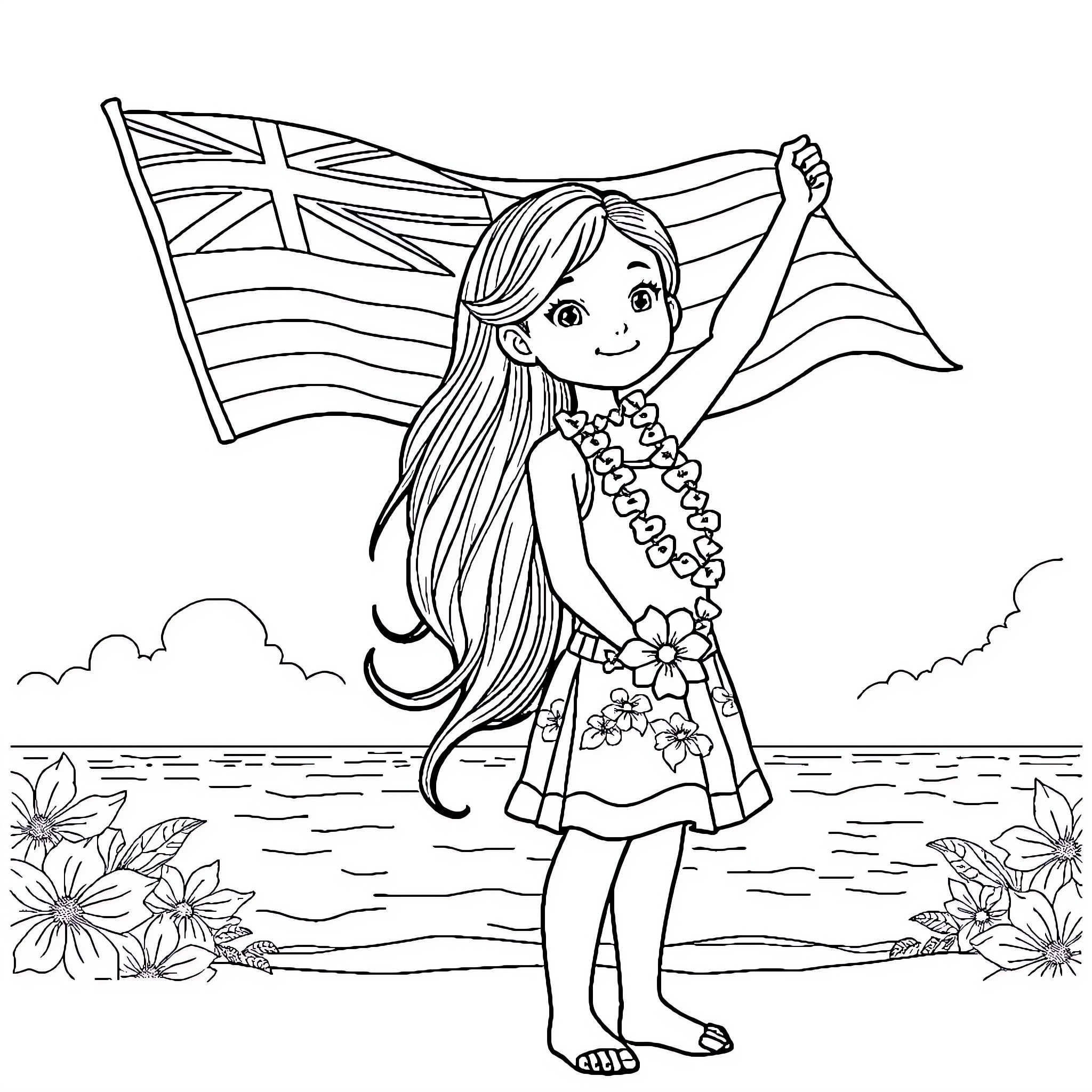 Hawaiian Girl Waving Flag with Flower Lei Coloring Page (free black-and-white line drawing printable PDF for all, from beginners to advanced learners, including children, teens, adults, and seniors)