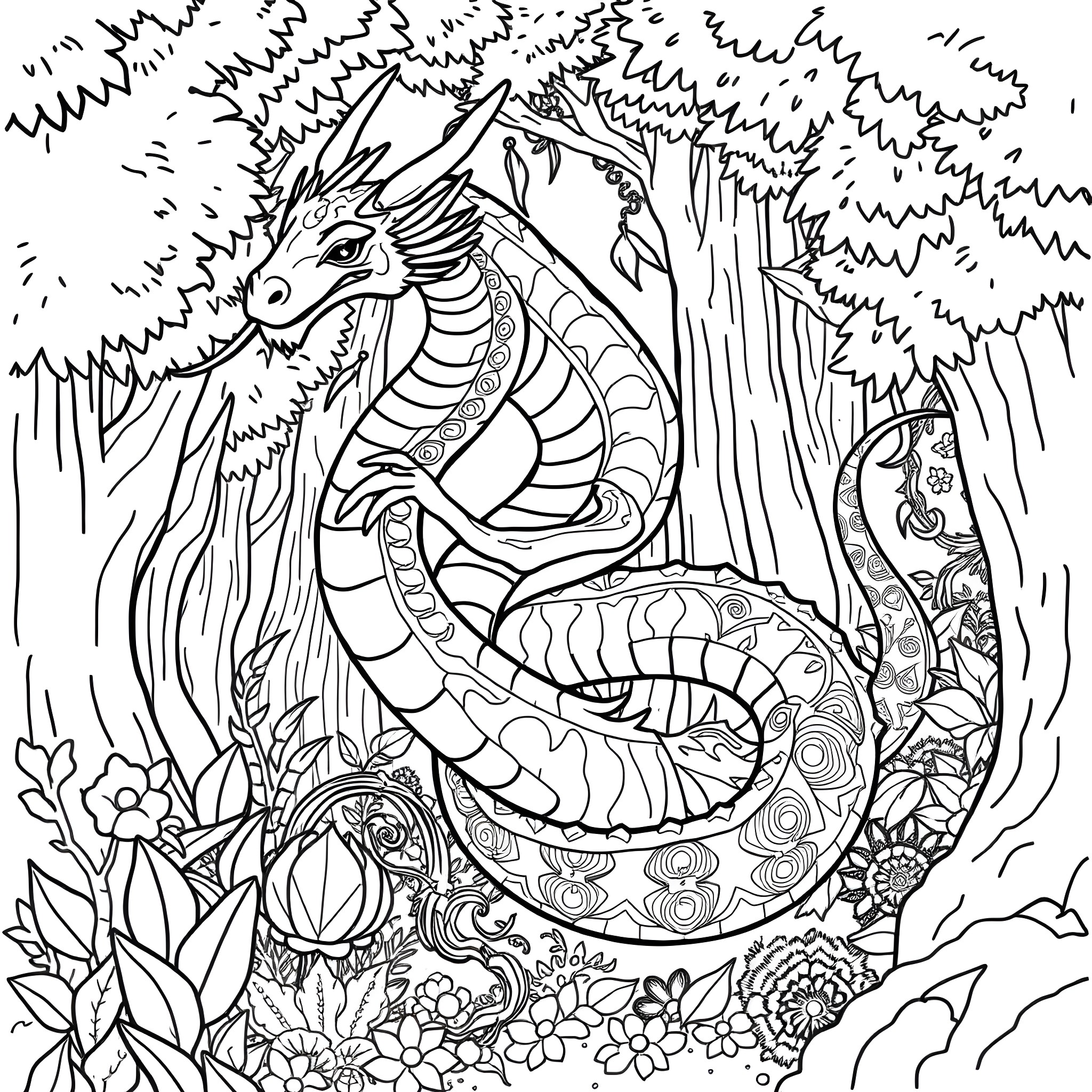 Dragon Snake Mystical Creature in Enchanted Forest Coloring Page (free black-and-white line drawing printable PDF for all, from beginners to advanced learners, including children, teens, adults, and seniors)