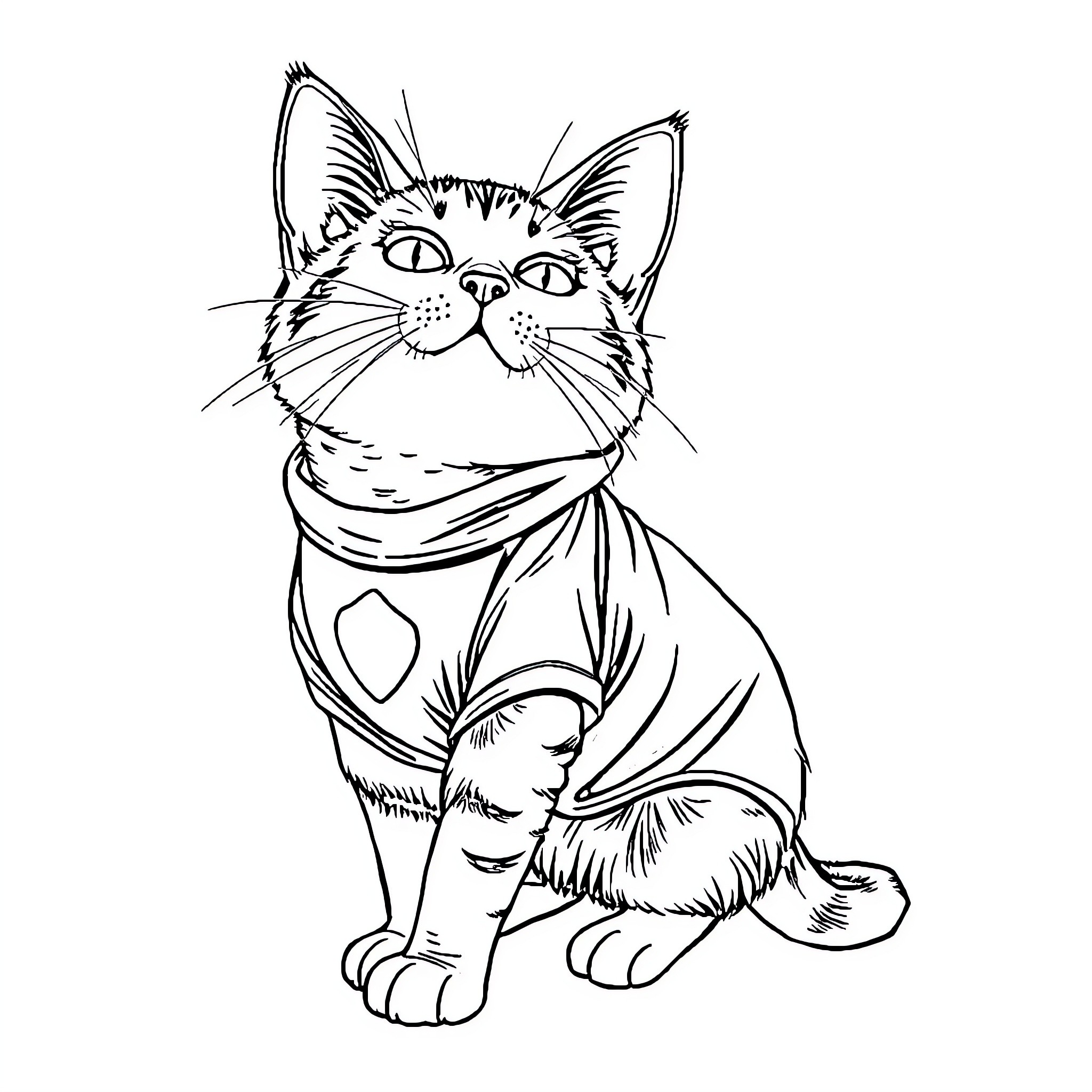 Cat dressed in scarf posing confidently Coloring Page (free black-and-white line drawing printable PDF for all, from beginners to advanced learners, including children, teens, adults, and seniors)