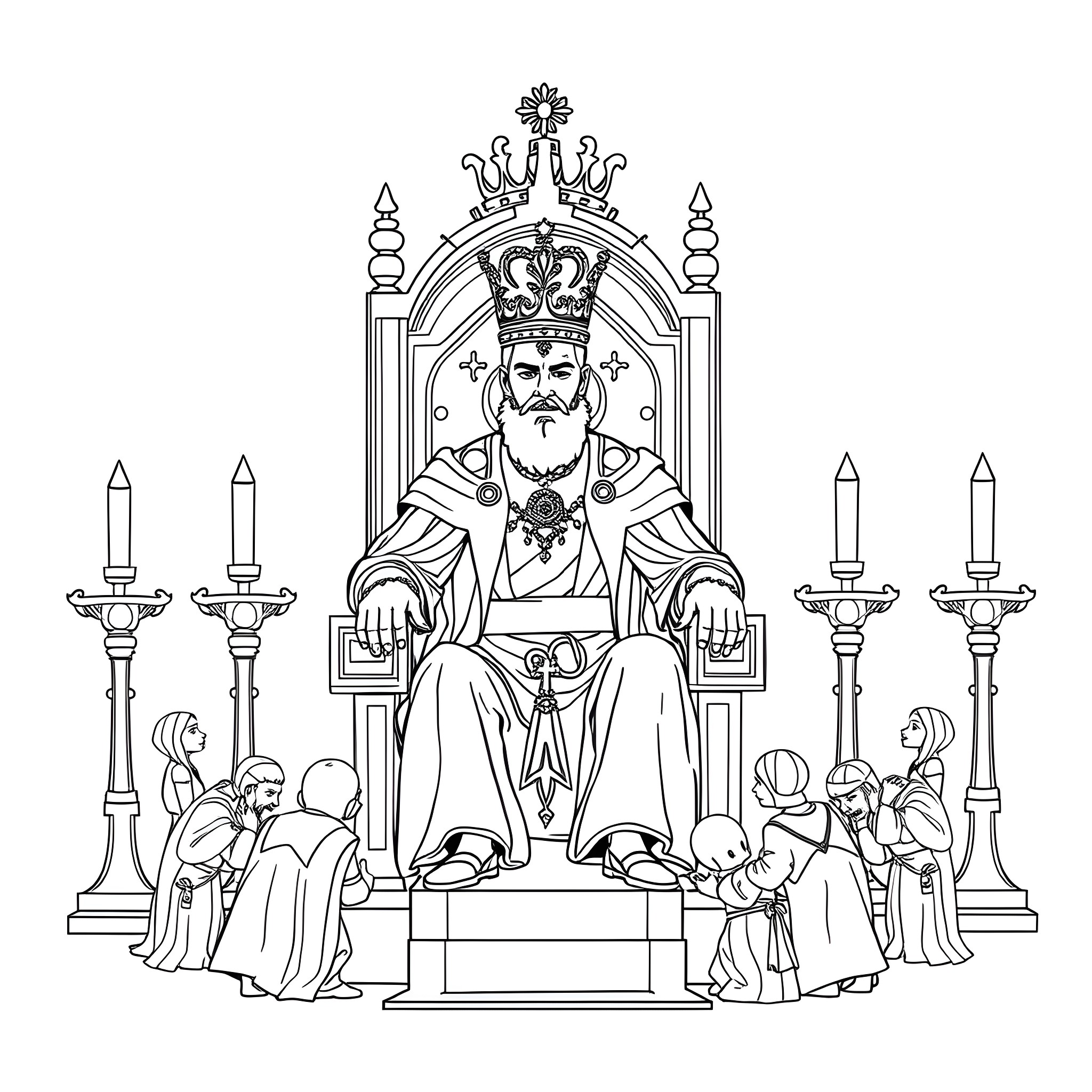 Jaxson's Regal Ruler: King Enthroned with Attendants Coloring Page (free black-and-white line drawing printable PDF for all, from beginners to advanced learners, including children, teens, adults, and seniors)