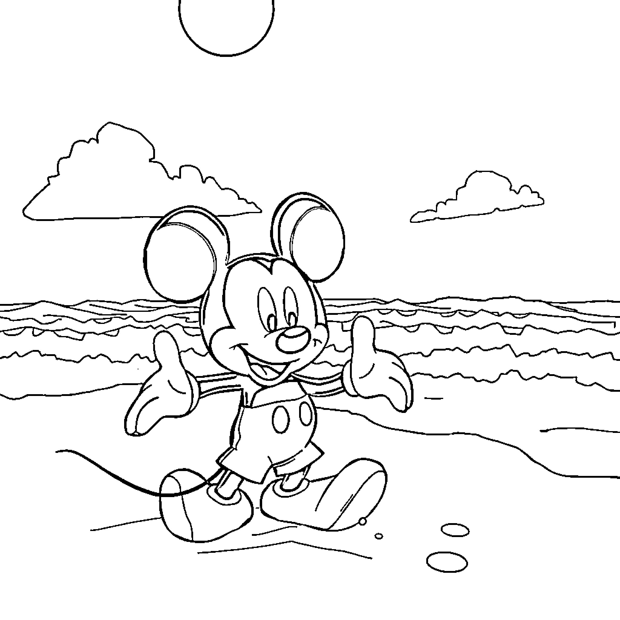 Mickey Mouse playing happily on the beach Coloring Page (free black-and-white line drawing printable PDF for all, from beginners to advanced learners, including children, teens, adults, and seniors)