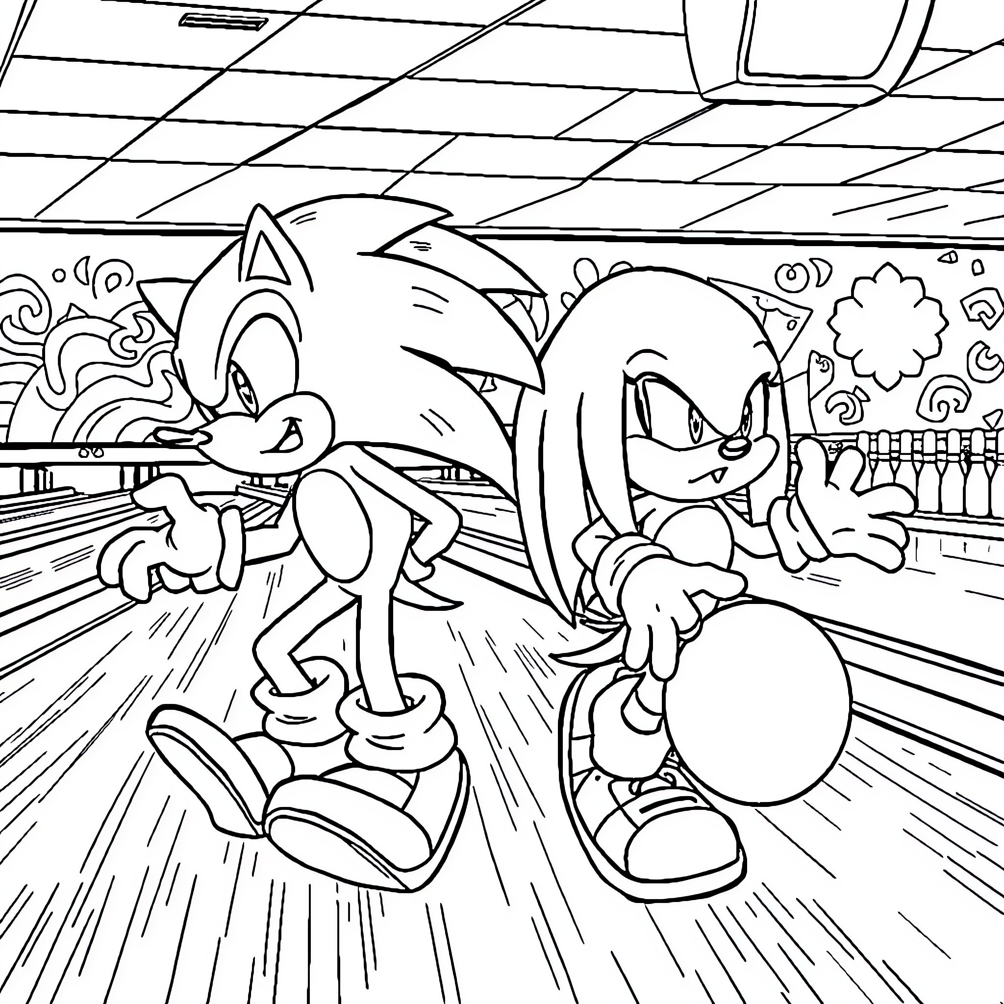 Sonic and friends in an intense bowling match Coloring Page (free black-and-white line drawing printable PDF for all, from beginners to advanced learners, including children, teens, adults, and seniors)