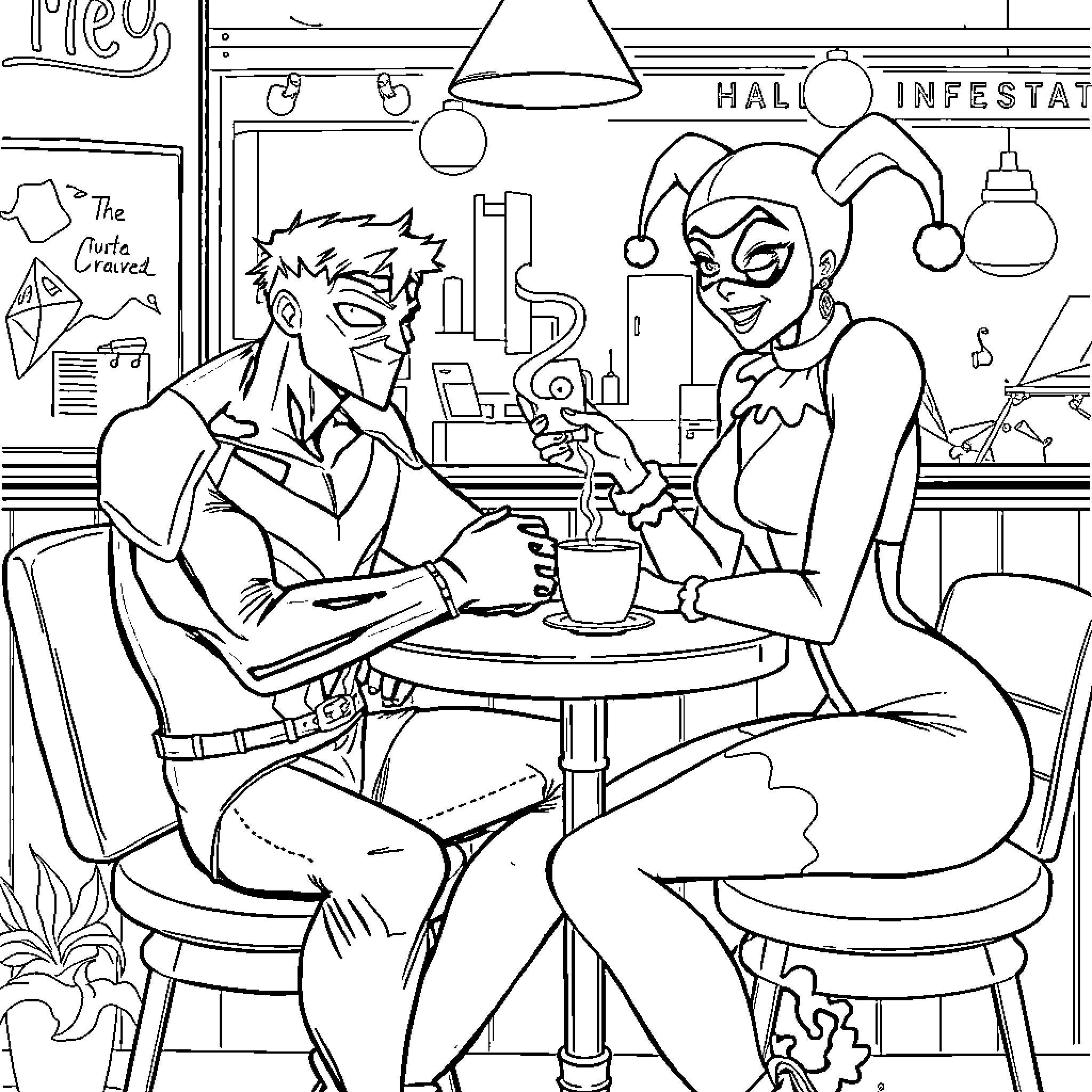 Nightwing engaging in playful conversation at a cafe Coloring Page (free black-and-white line drawing printable PDF for all, from beginners to advanced learners, including children, teens, adults, and seniors)