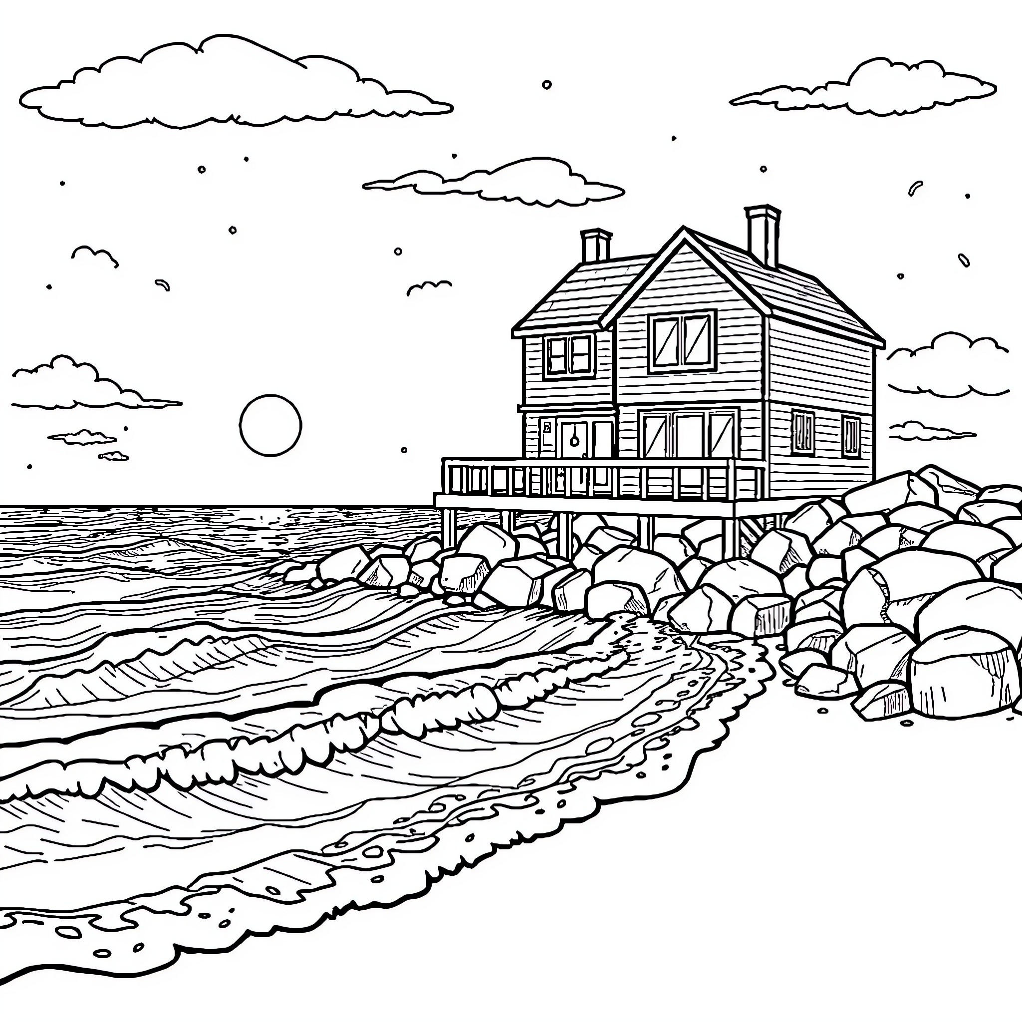Duplex home by the rocky beachfront Coloring Page (free black-and-white line drawing printable PDF for all, from beginners to advanced learners, including children, teens, adults, and seniors)