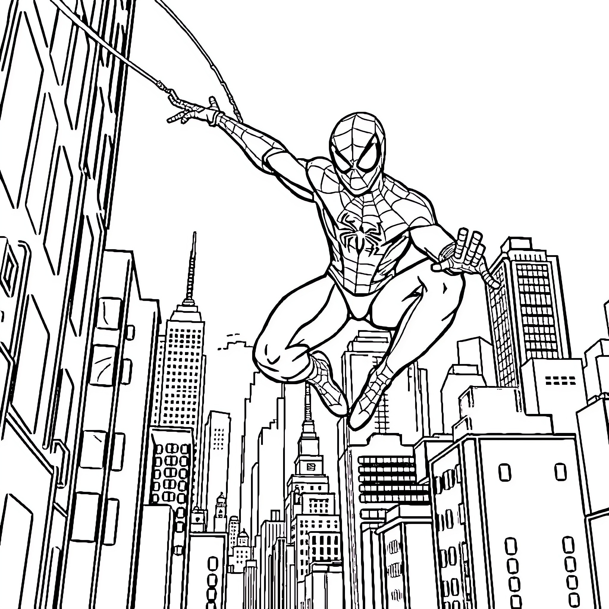 Spiderman swinging through the city skyline Coloring Page (free black-and-white line drawing printable PDF for all, from beginners to advanced learners, including children, teens, adults, and seniors)