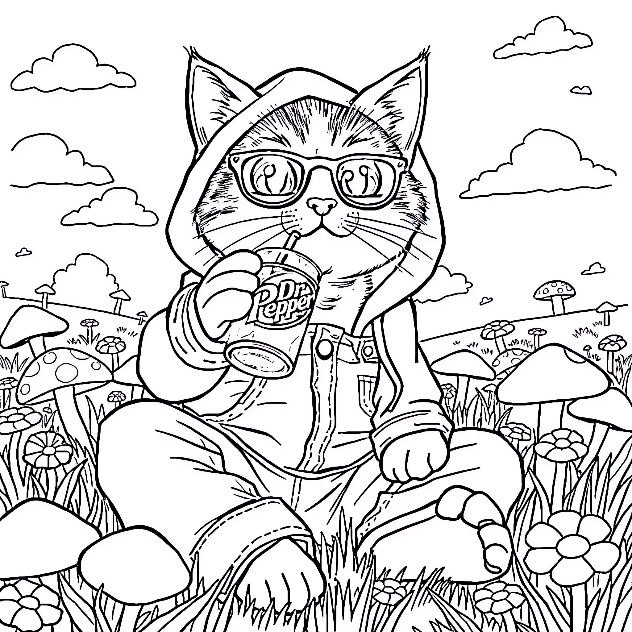 Cat exploring the enchanted mushroom forest Coloring Page (free black-and-white line drawing printable PDF for all, from beginners to advanced learners, including children, teens, adults, and seniors)