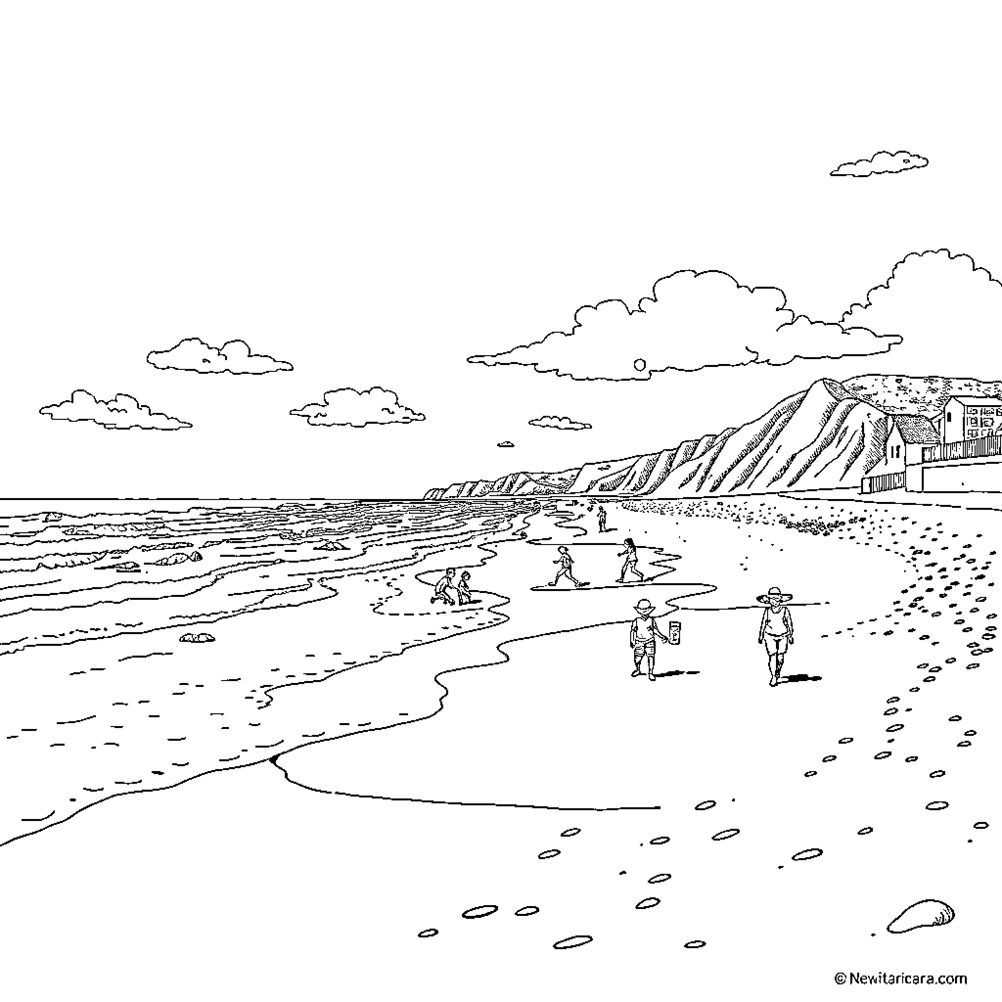 Beach scene with people walking along the shoreline Coloring Page (free black-and-white line drawing printable PDF for all, from beginners to advanced learners, including children, teens, adults, and seniors)