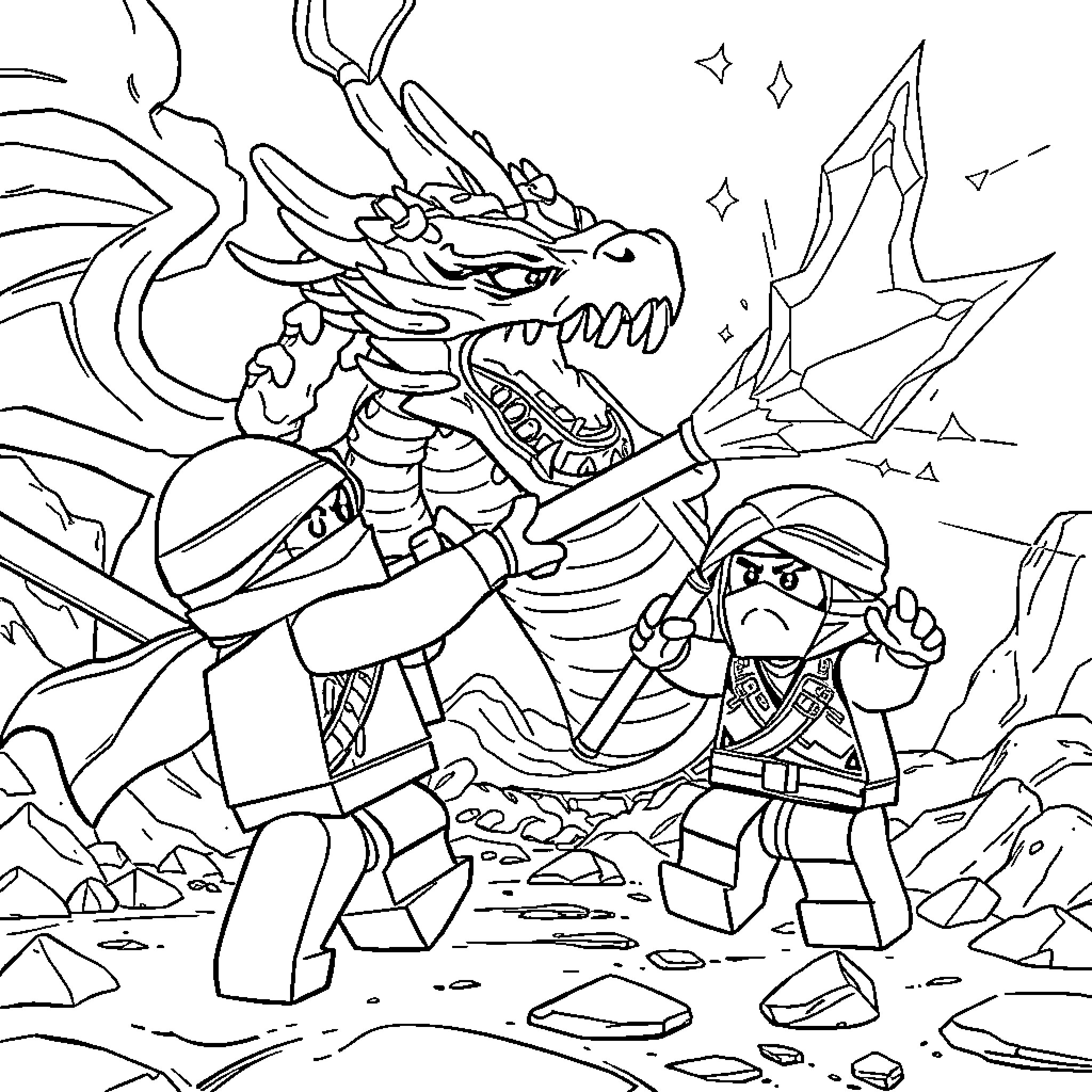 Lego Ninjago characters in battle with a fierce dragon Coloring Page (free black-and-white line drawing printable PDF for all, from beginners to advanced learners, including children, teens, adults, and seniors)