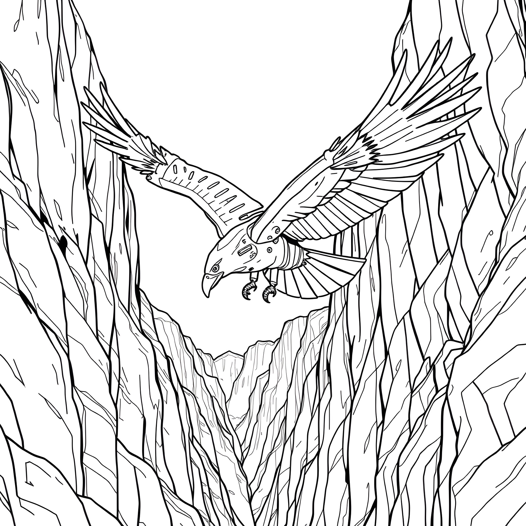 Robot Eagle Soaring Through Jagged Mountain Peaks Coloring Page (free black-and-white line drawing printable PDF for all, from beginners to advanced learners, including children, teens, adults, and seniors)