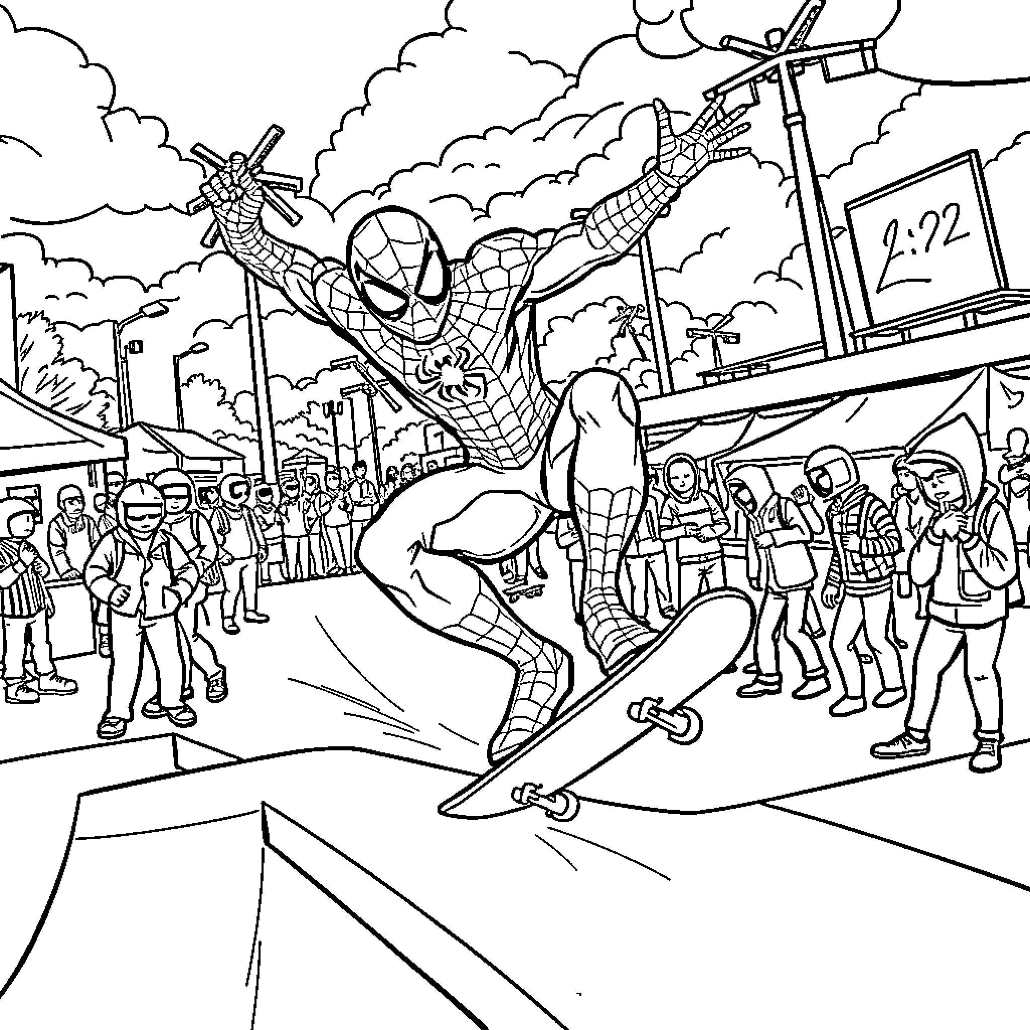 Spiderman performing a trick on a skateboard Coloring Page (free black-and-white line drawing printable PDF for all, from beginners to advanced learners, including children, teens, adults, and seniors)