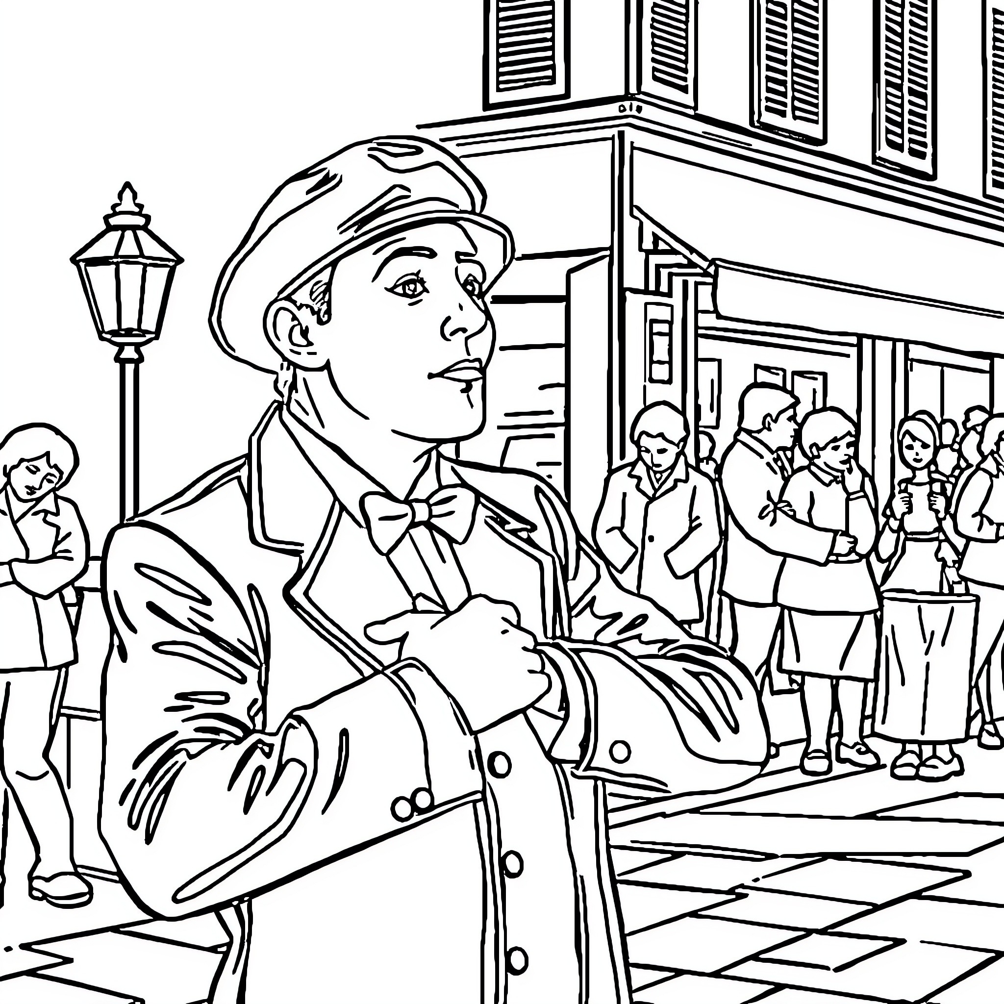 Mime performing in the city street Coloring Page (free black-and-white line drawing printable PDF for all, from beginners to advanced learners, including children, teens, adults, and seniors)