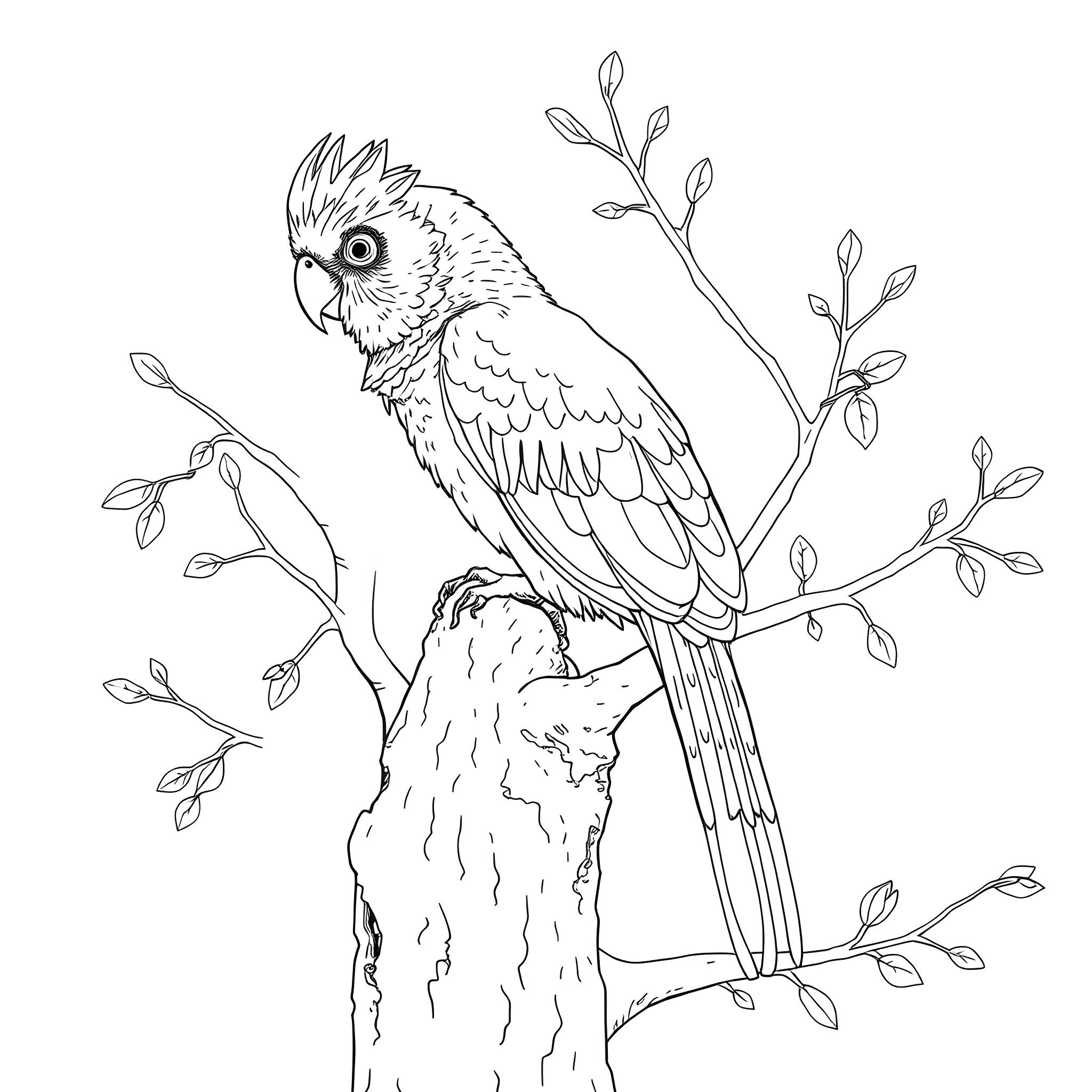 Aphelocoma parrot perching on tree branch Coloring Page (free black-and-white line drawing printable PDF for all, from beginners to advanced learners, including children, teens, adults, and seniors)