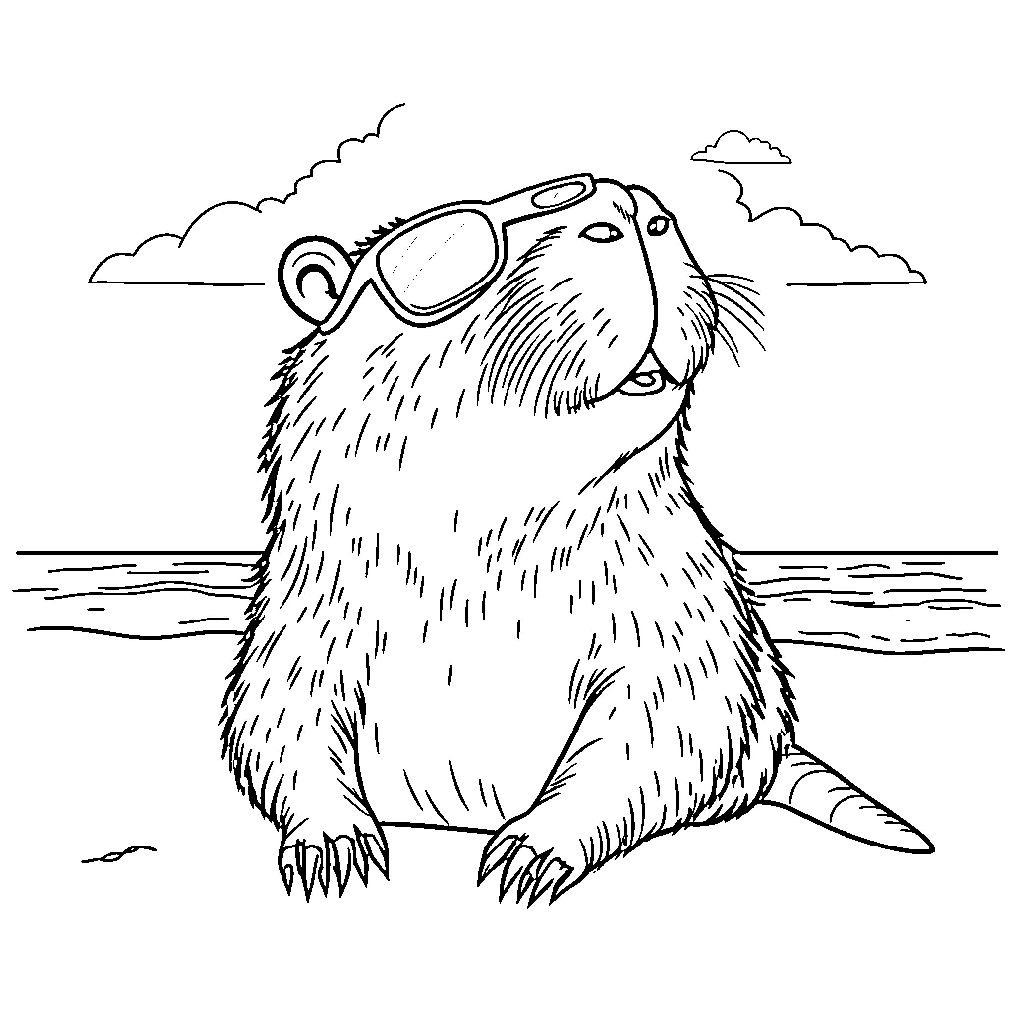 Capybara relaxing on the beach Coloring Page (free black-and-white line drawing printable PDF for all, from beginners to advanced learners, including children, teens, adults, and seniors)