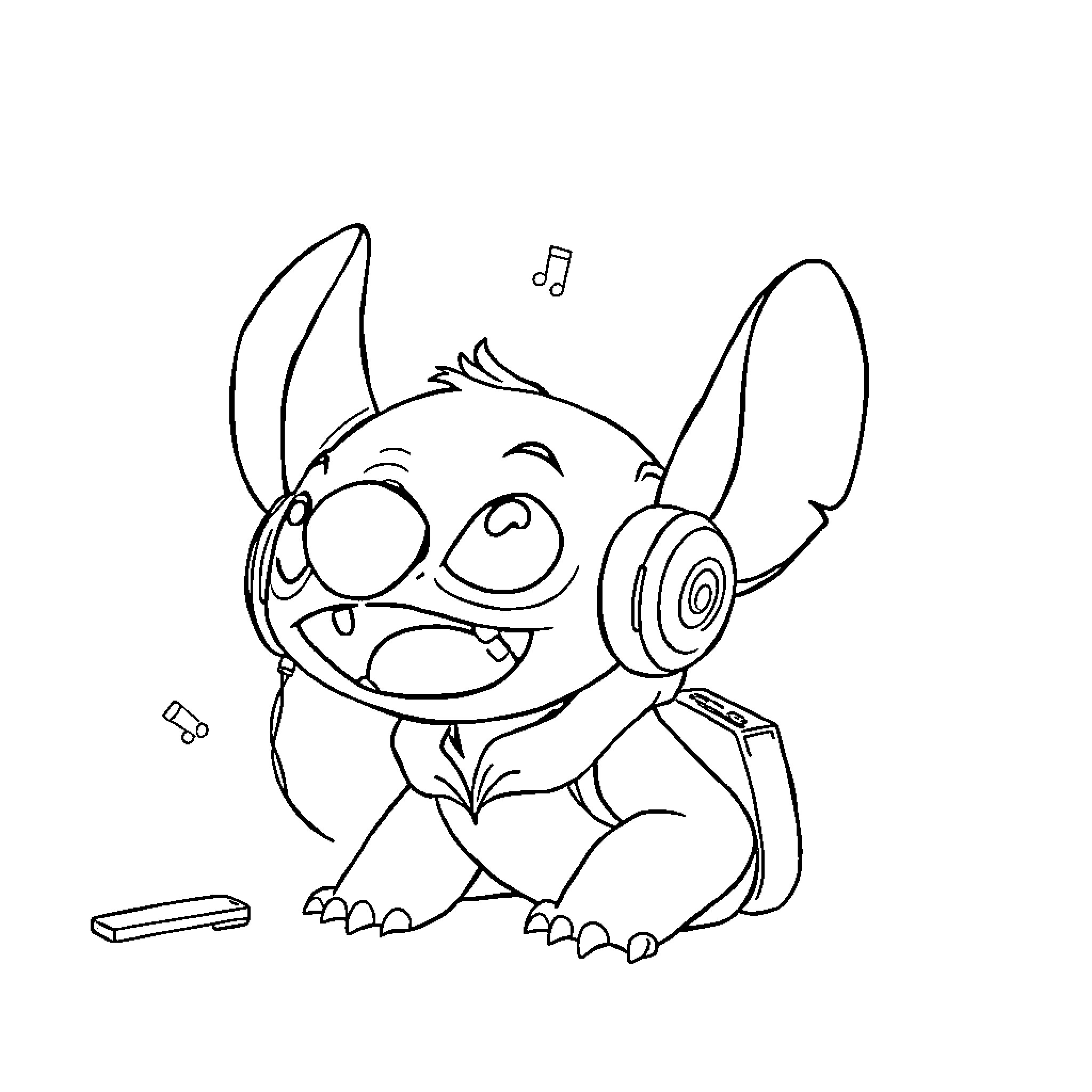 Stitch listening to music happily Coloring Page (free black-and-white line drawing printable PDF for all, from beginners to advanced learners, including children, teens, adults, and seniors)