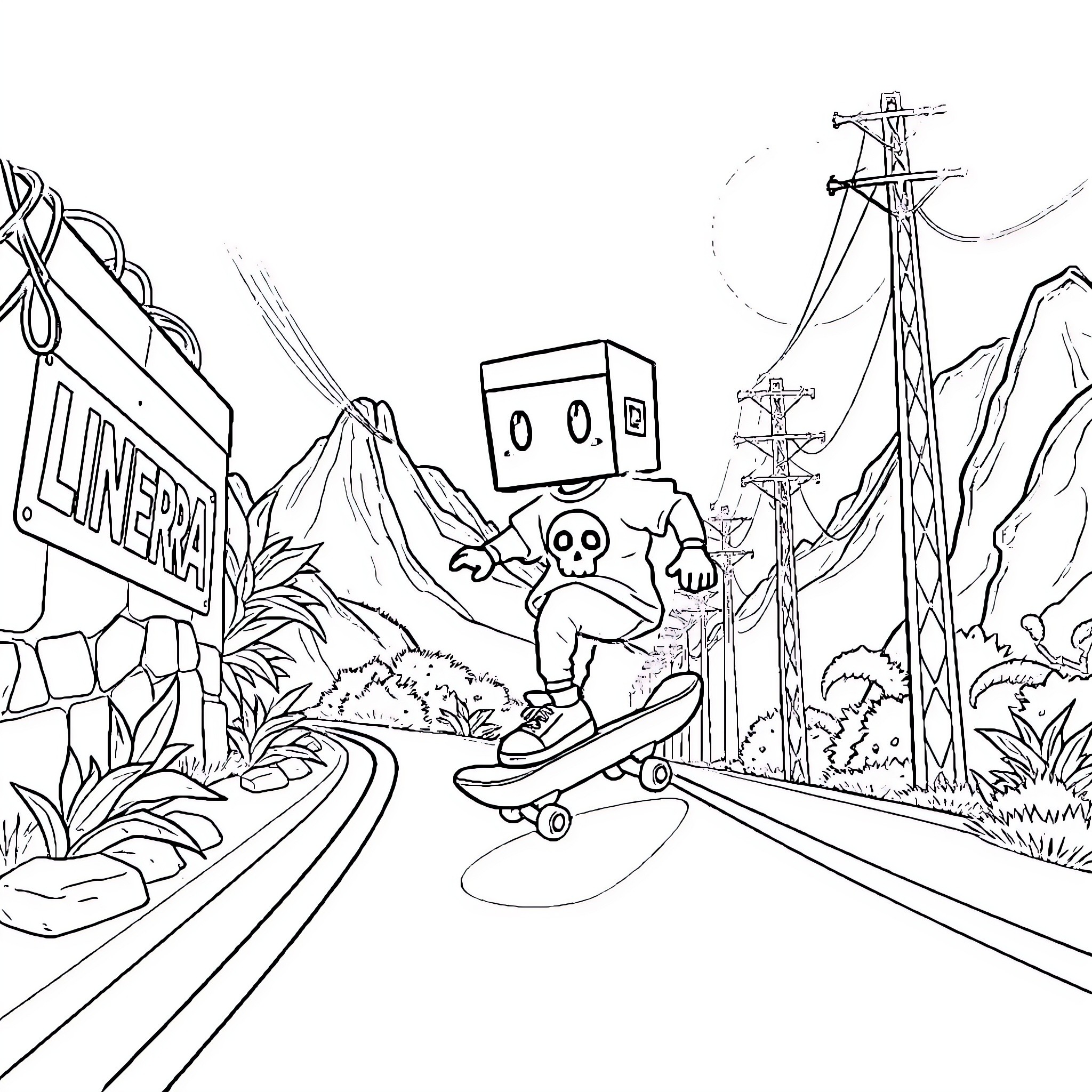 Box-Headed Character Skateboarding on the Road Coloring Page (free black-and-white line drawing printable PDF for all, from beginners to advanced learners, including children, teens, adults, and seniors)
