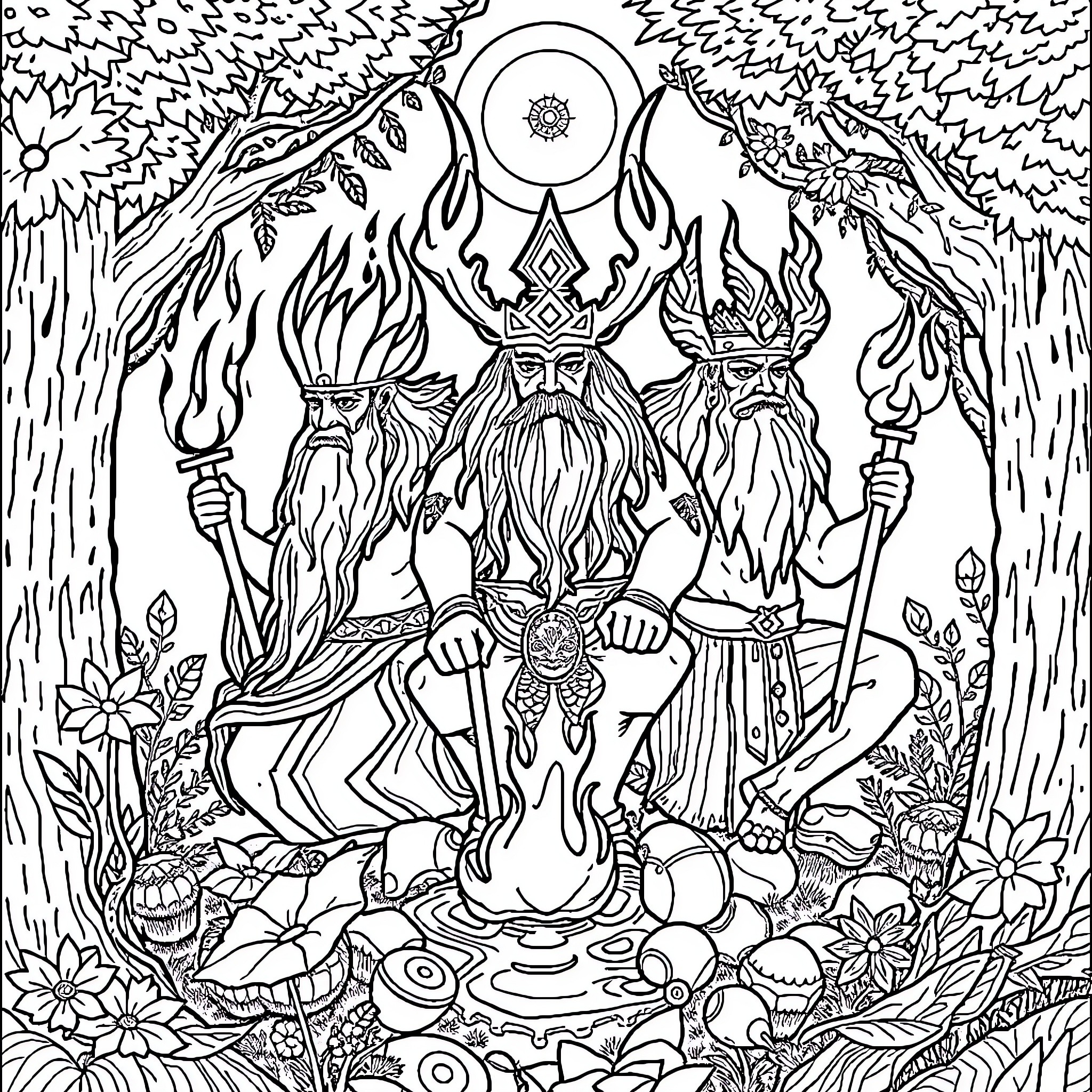 Slavic God in Mythical Forest Realm Coloring Page (free black-and-white line drawing printable PDF for all, from beginners to advanced learners, including children, teens, adults, and seniors)