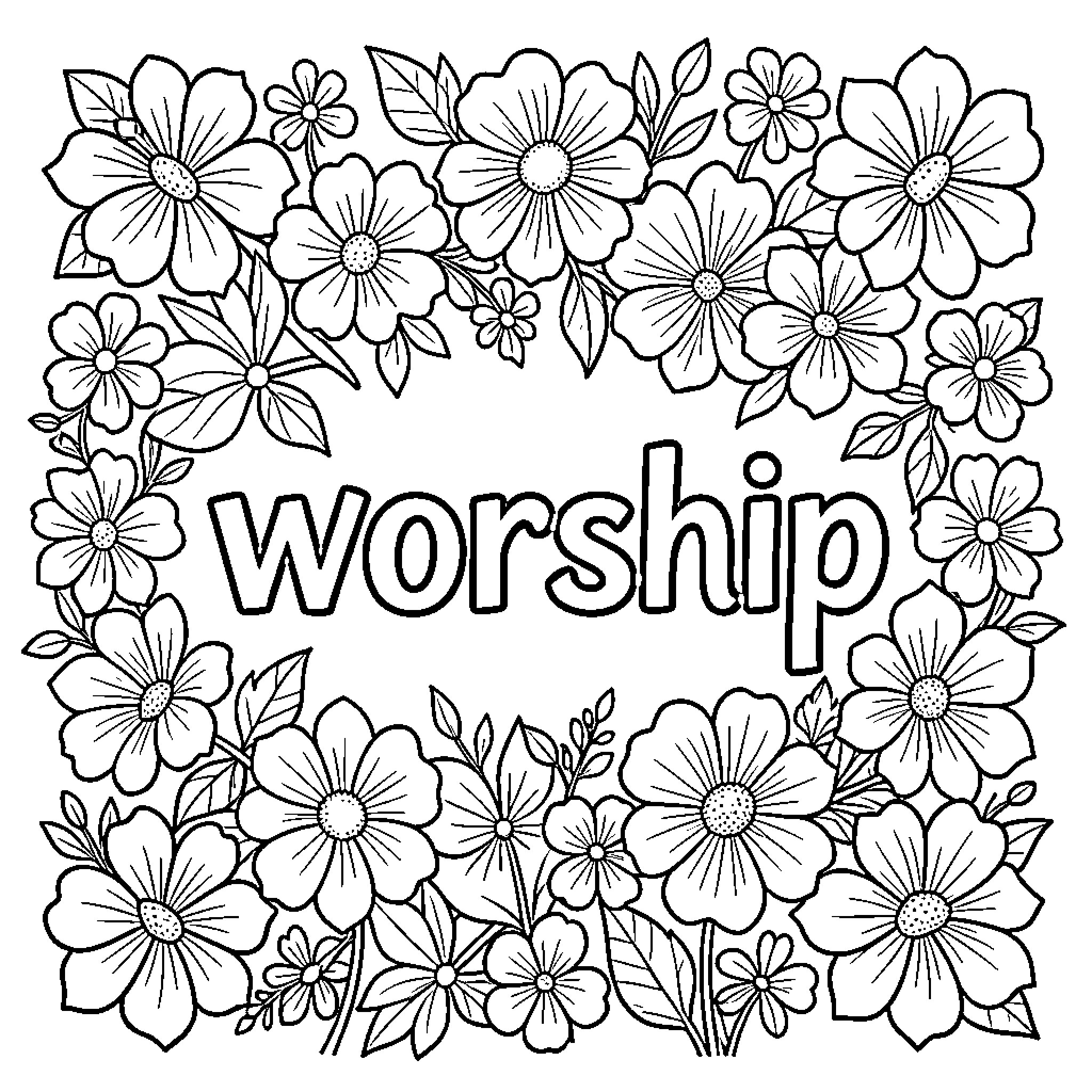 Worship surrounded by a beautiful floral wreath Coloring Page (free black-and-white line drawing printable PDF for all, from beginners to advanced learners, including children, teens, adults, and seniors)